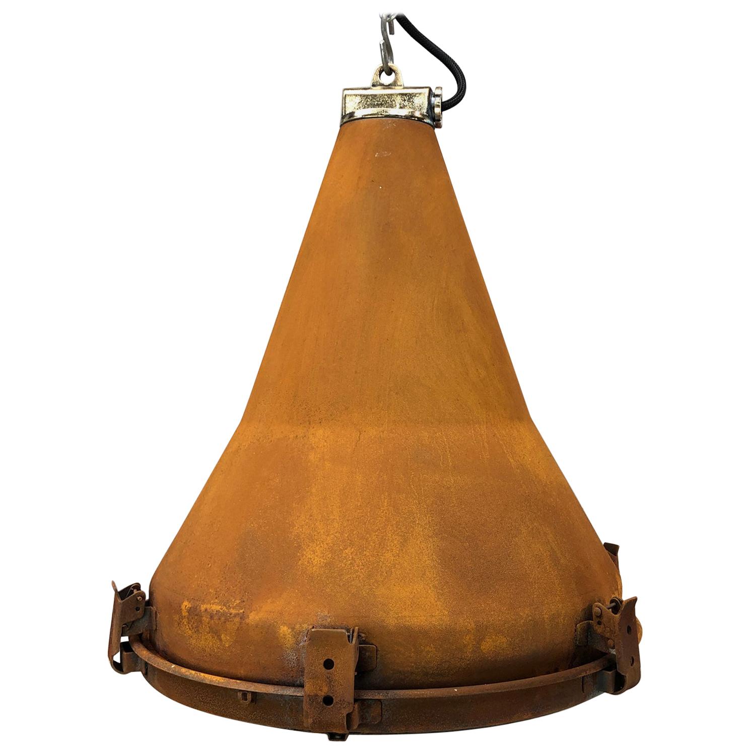 1970s Korean Vintage Industrial Steel Conical Pendant Light with Applied Rust