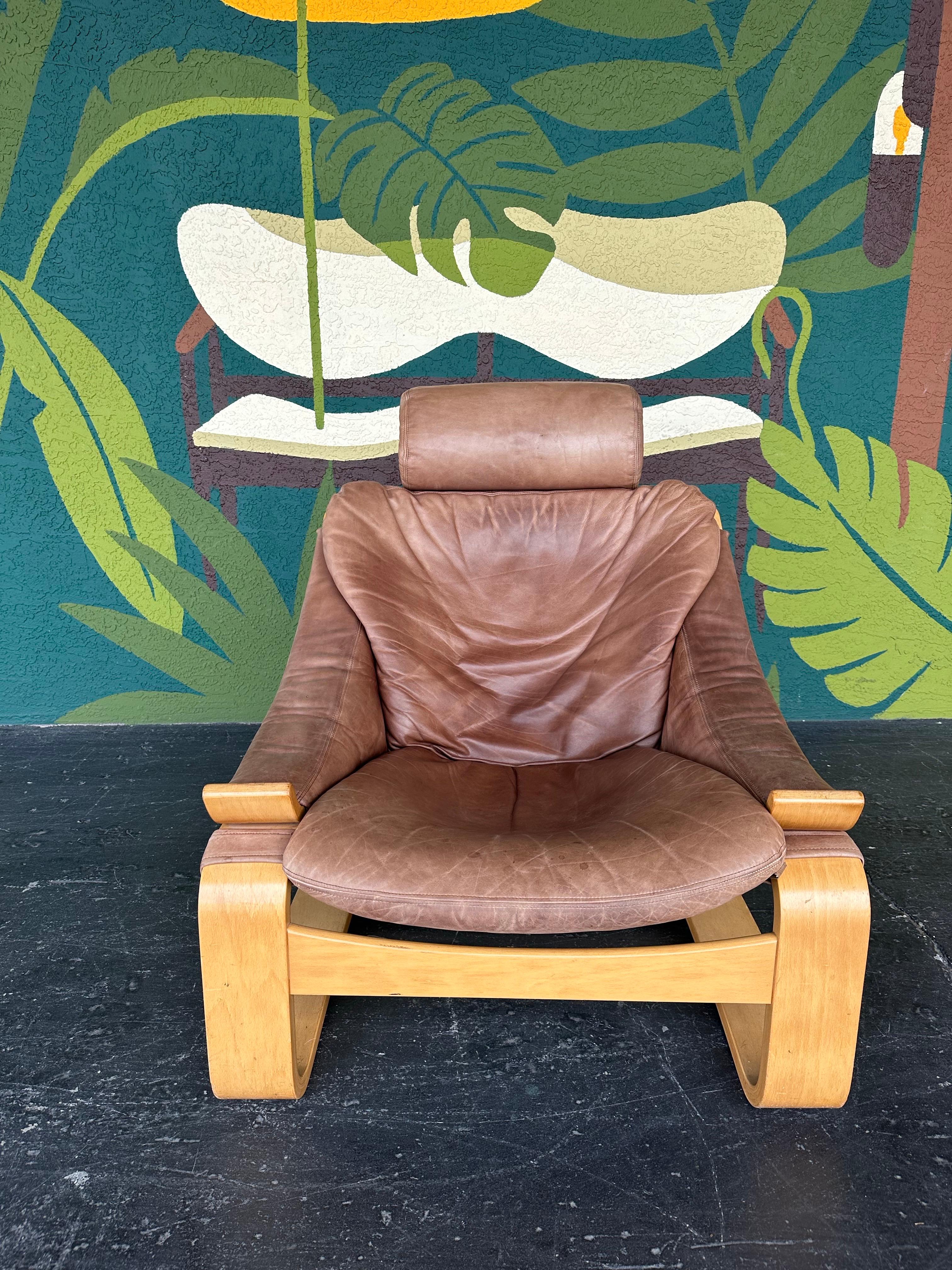 Mid-Century Modern 1970's Kroken Cantilevered Leather Lounge Chair, Ake Fribytter for Nelo Sweden For Sale