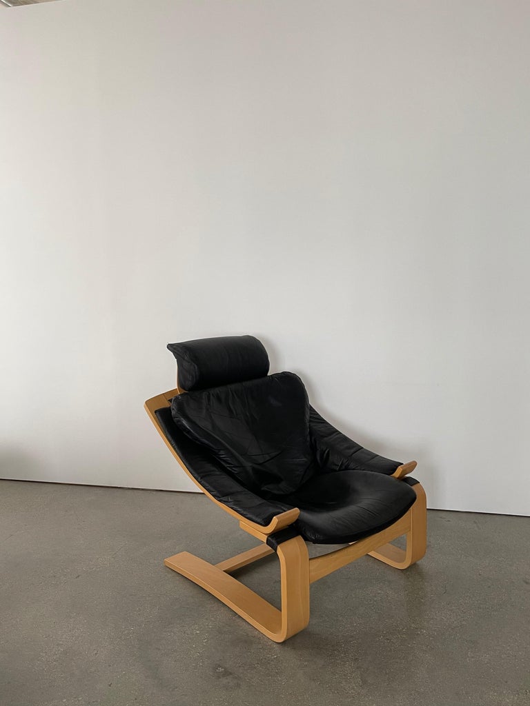 The 1970's Kroken lounge chair by Ake Fribytter for Nelo is made out of a bent plywood frame with a leather and canvas bucket seat with a detachable headrest. Made in Sweden, its low, sturdy plywood cantilever body provides adequate support with an