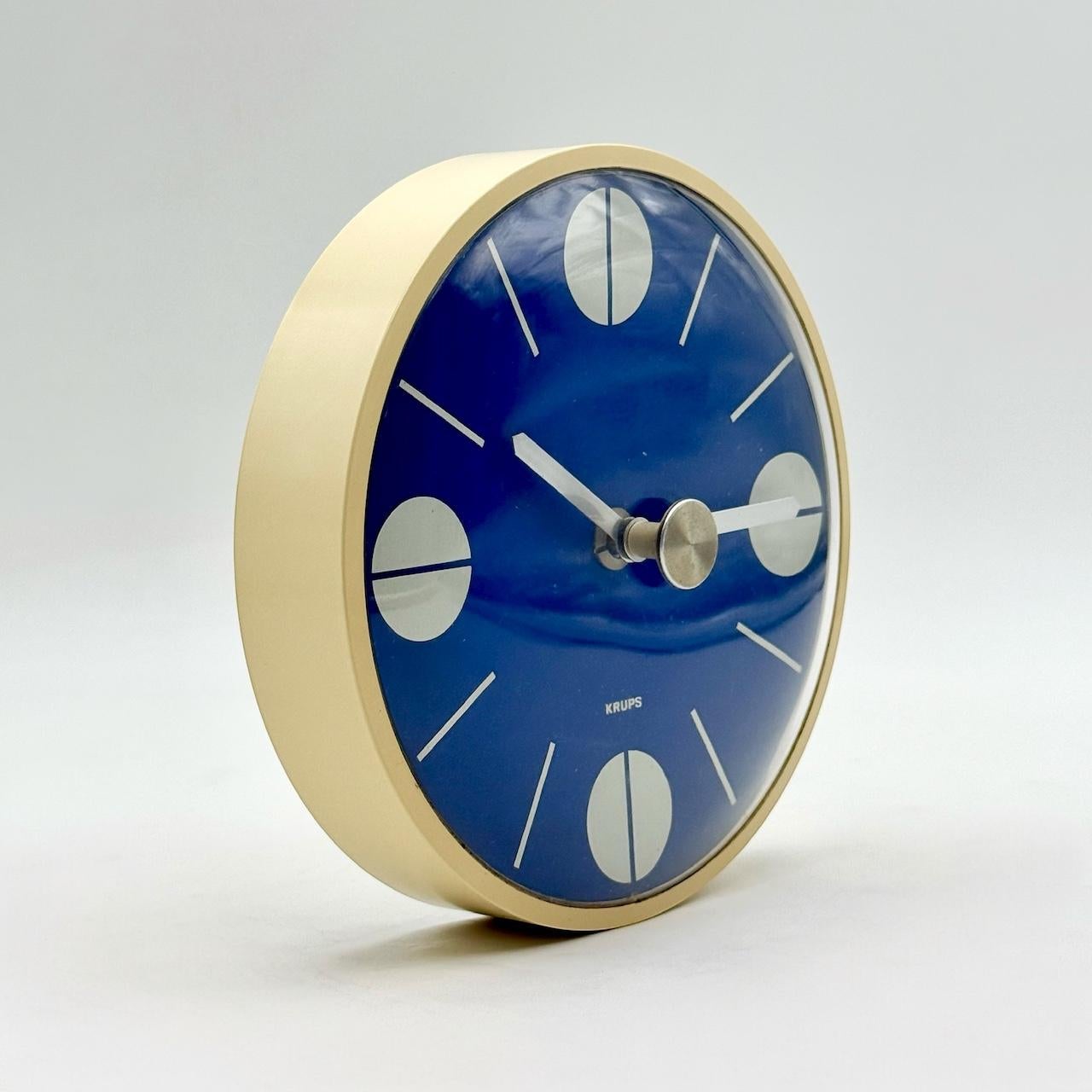 1970s Krups Space Age Wall Clock Blue Dial Beige Case German Design 5