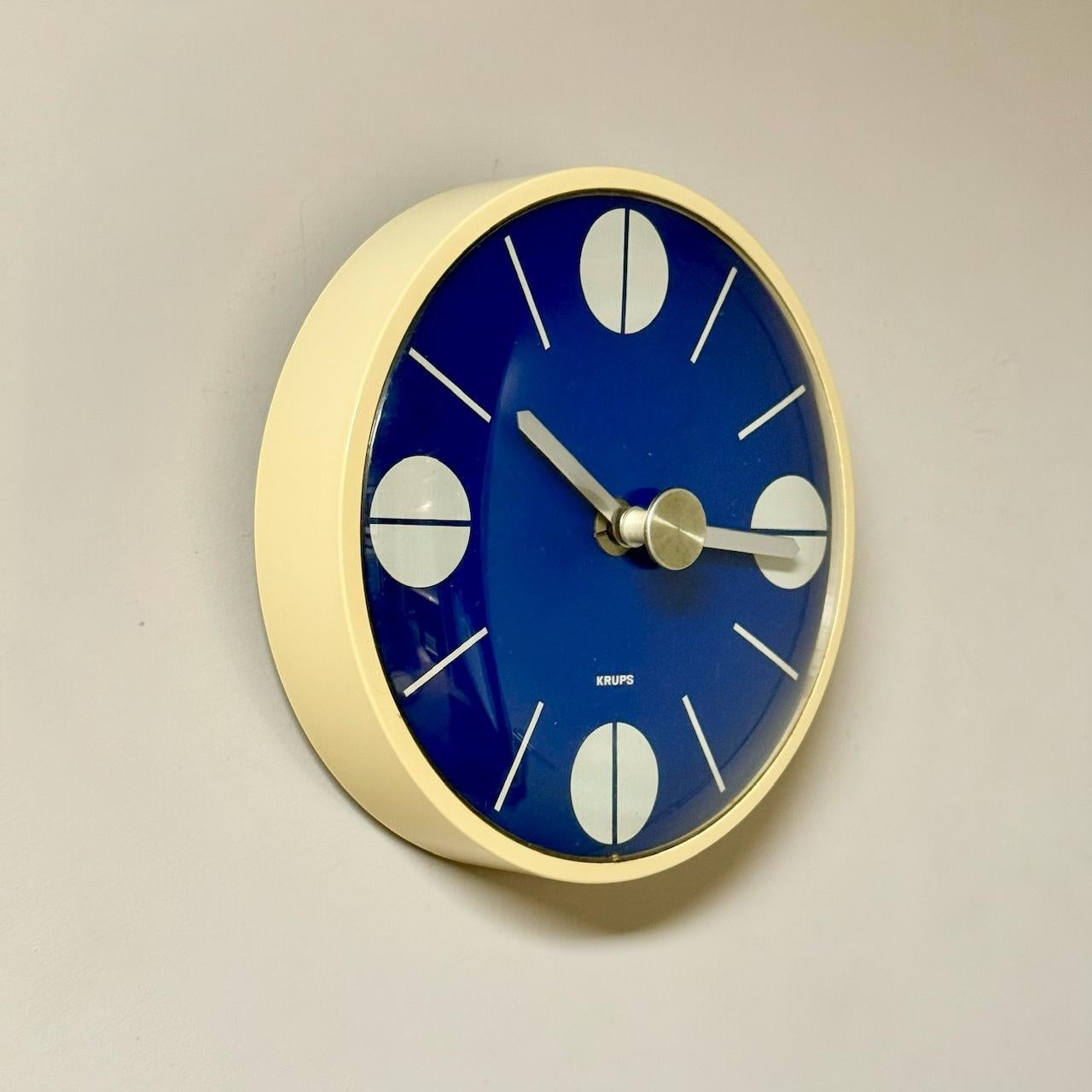1970s Krups Space Age Wall Clock Blue Dial Beige Case German Design 6