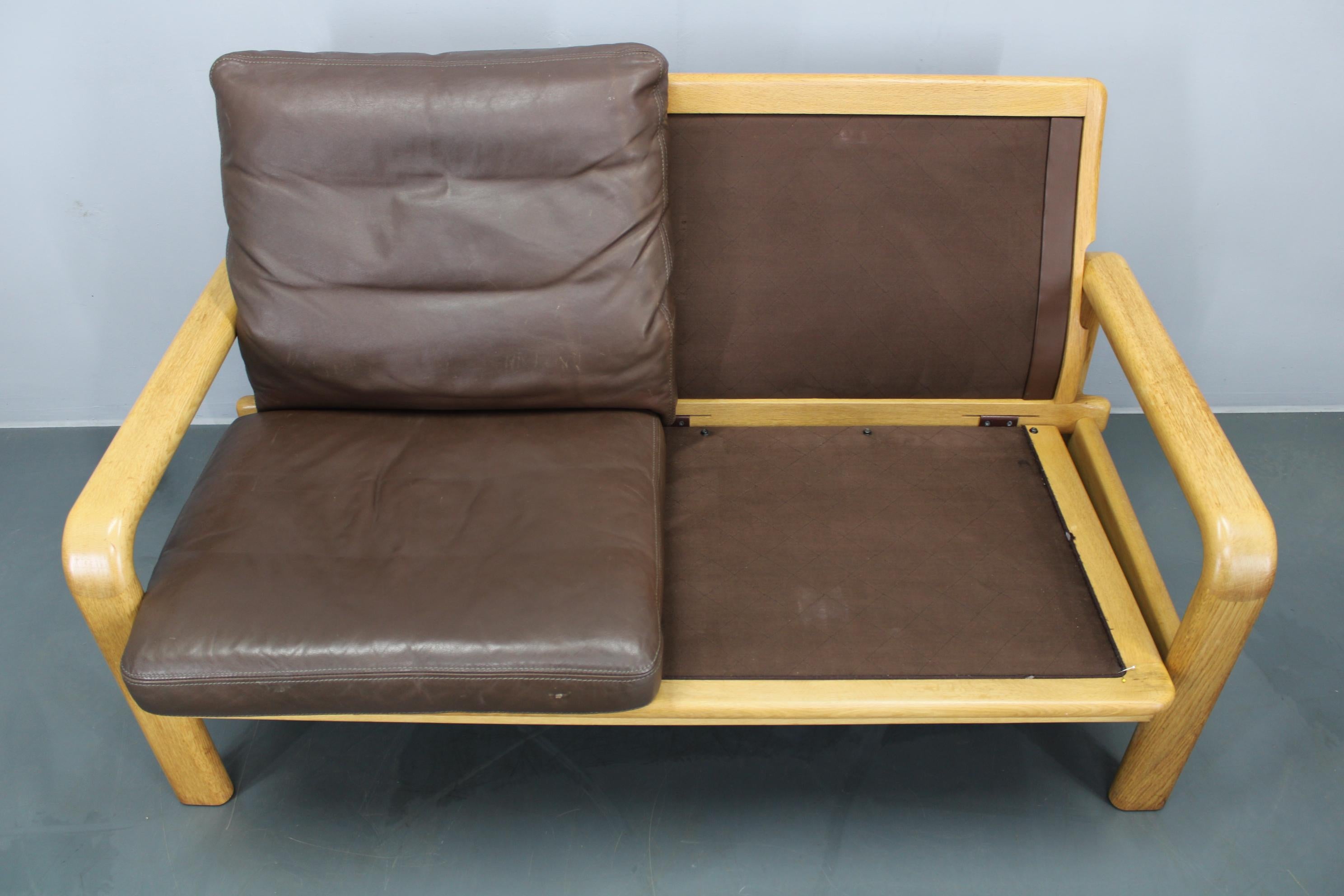 20th Century 1970s L. Olsen & Søn Oak and Leather 2-Seater Sofa, Denmark For Sale