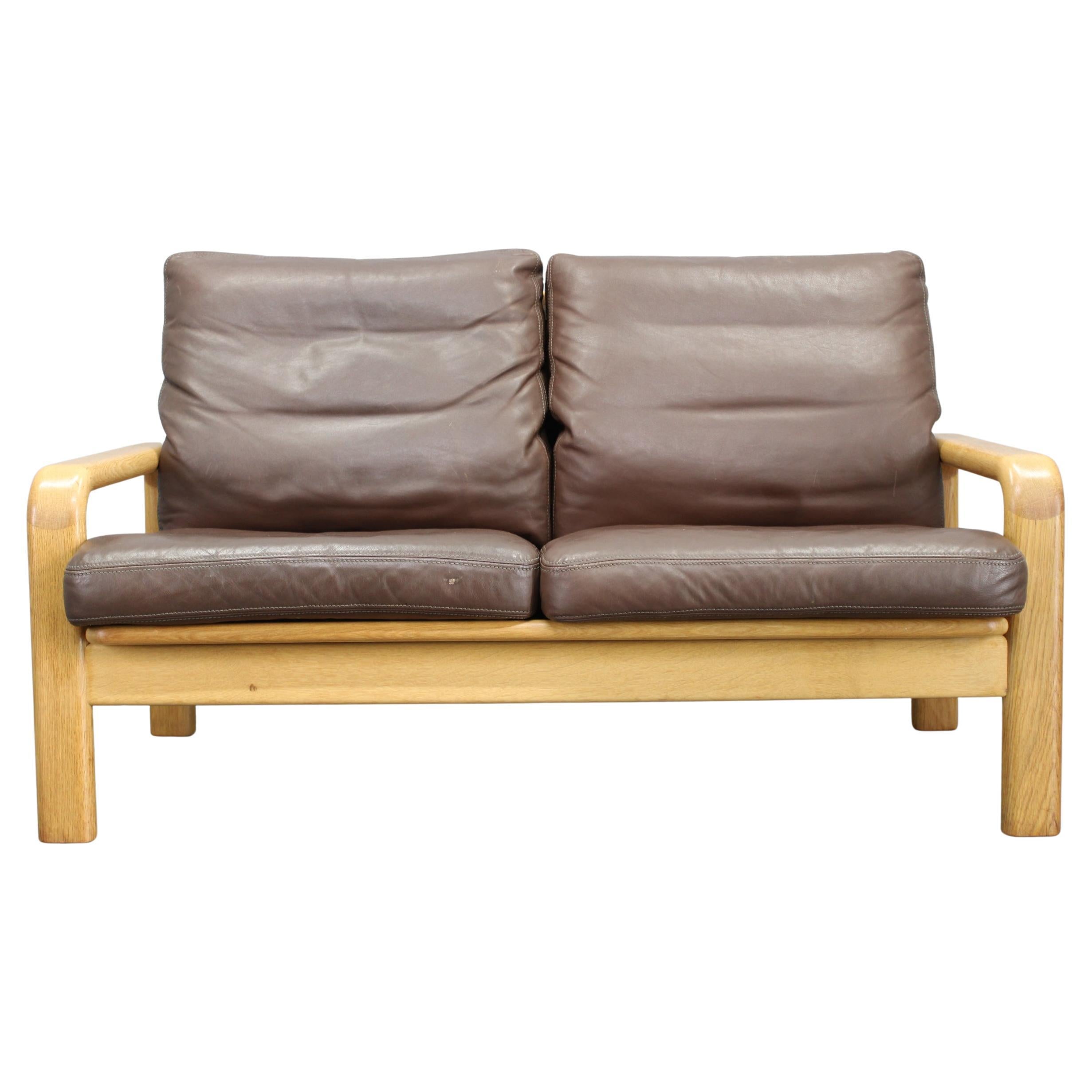 1970s L. Olsen & Søn Oak and Leather 2-Seater Sofa, Denmark