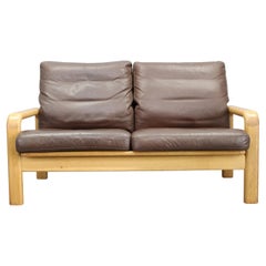 1970s L. Olsen & Søn Oak and Leather 2-Seater Sofa, Denmark