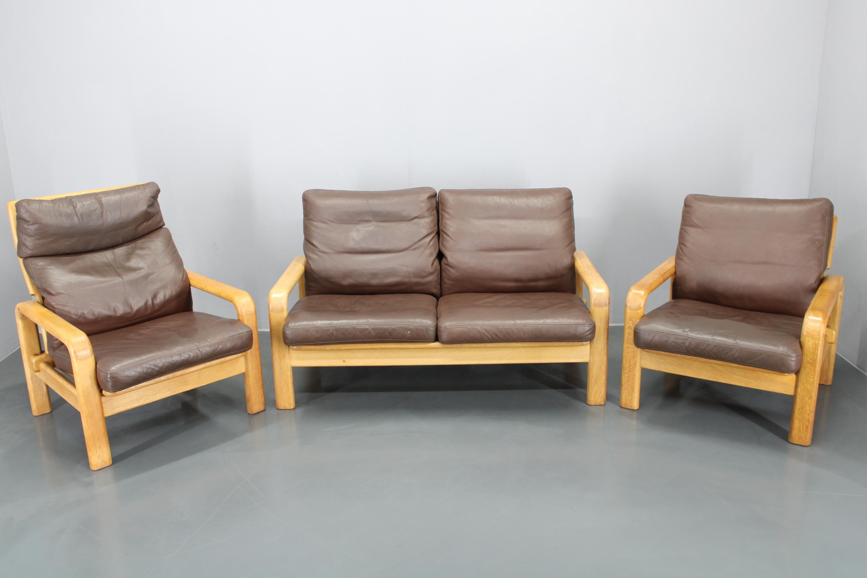 Danish 1970s L. Olsen & Søn Oak and Leather Living Room Set, Denmark For Sale