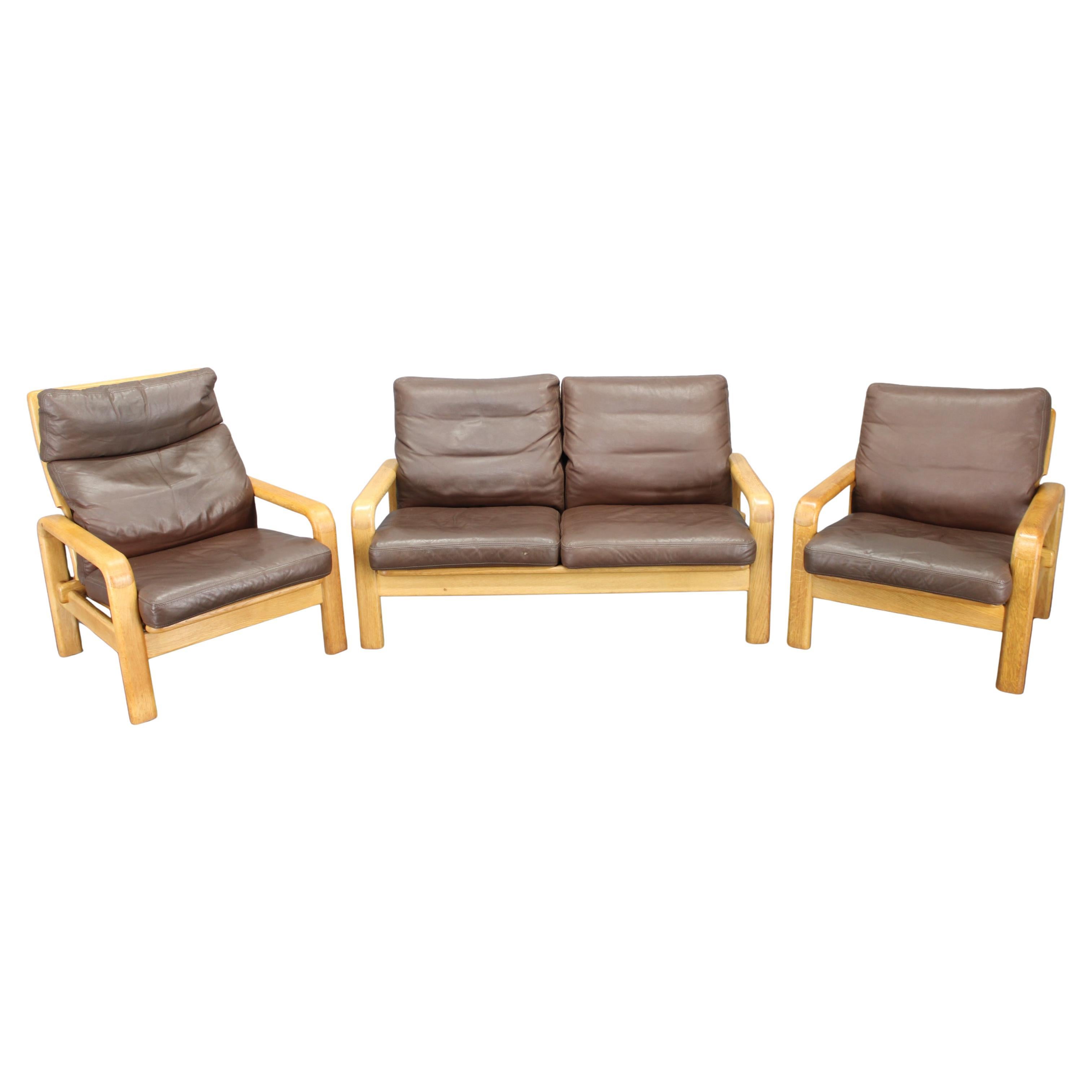 1970s L. Olsen & Søn Oak and Leather Living Room Set, Denmark