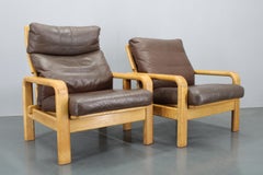 1970s L. Olsen & Søn Pair of Armchairs in Oak and Leather, Denmark
