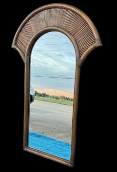 1970s La Barge Bamboo Rattan Wooden Faux Bamboo Fan Wall Mirror