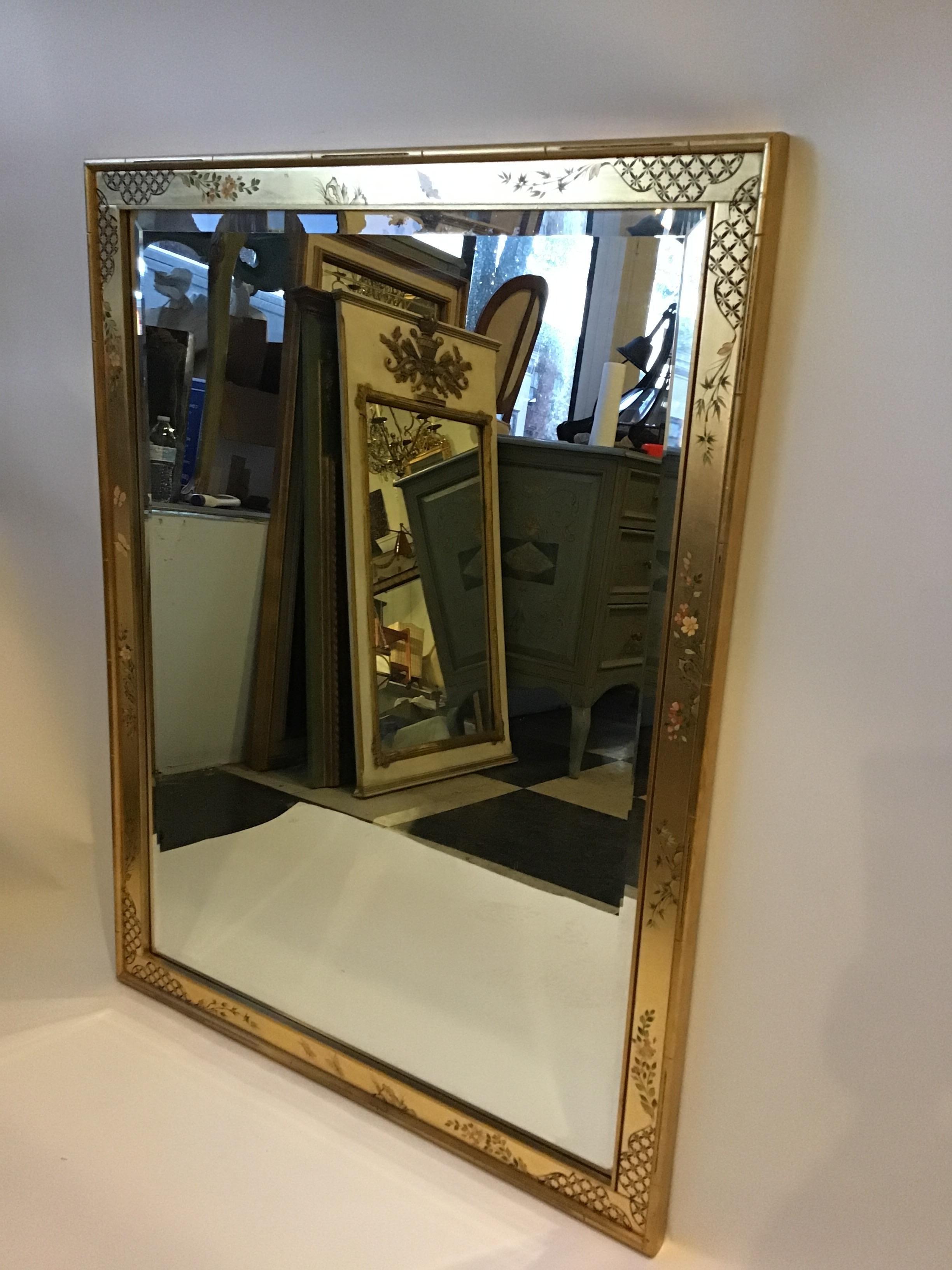 1970s La Barge giltwood hand painted floral mirror.