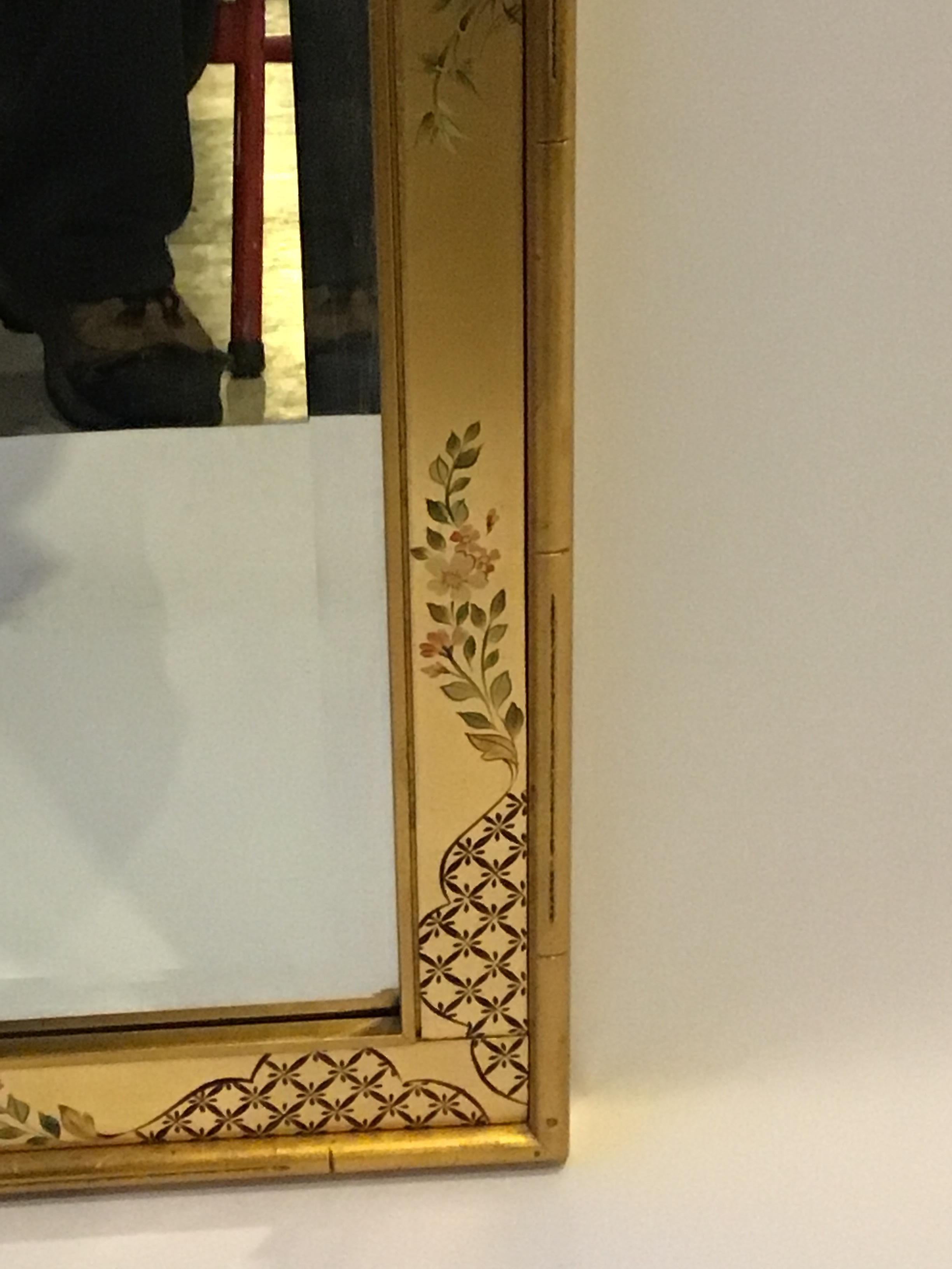 1970s La Barge Giltwood Hand Painted Floral Mirror For Sale 1