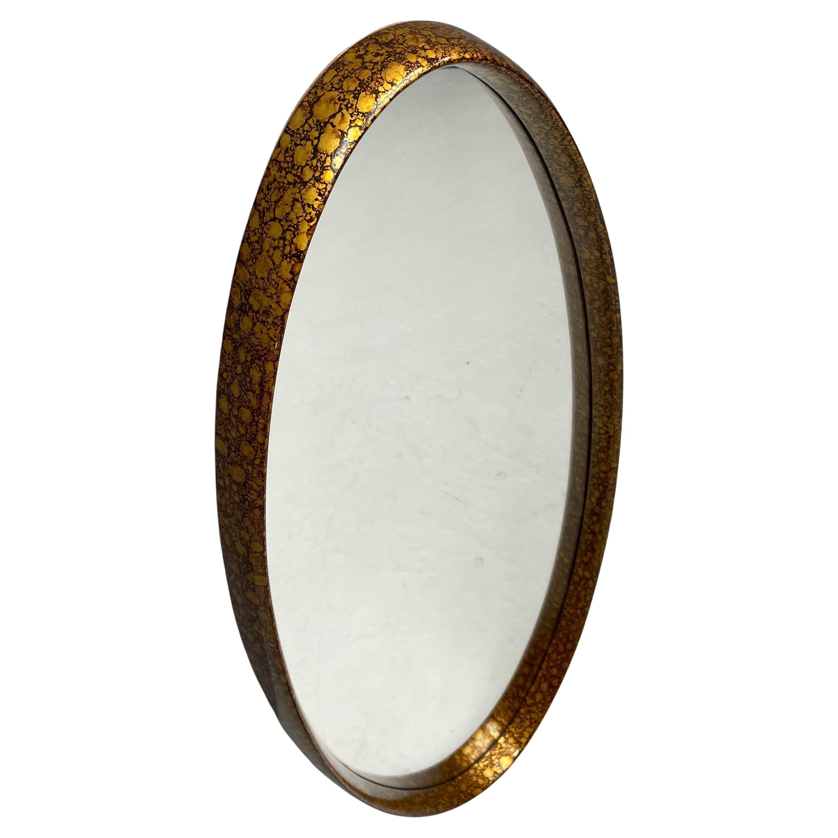 1970s La Barge Oval Mirror Faux Gilt Black Gold Ellipse Deep Frame For Sale