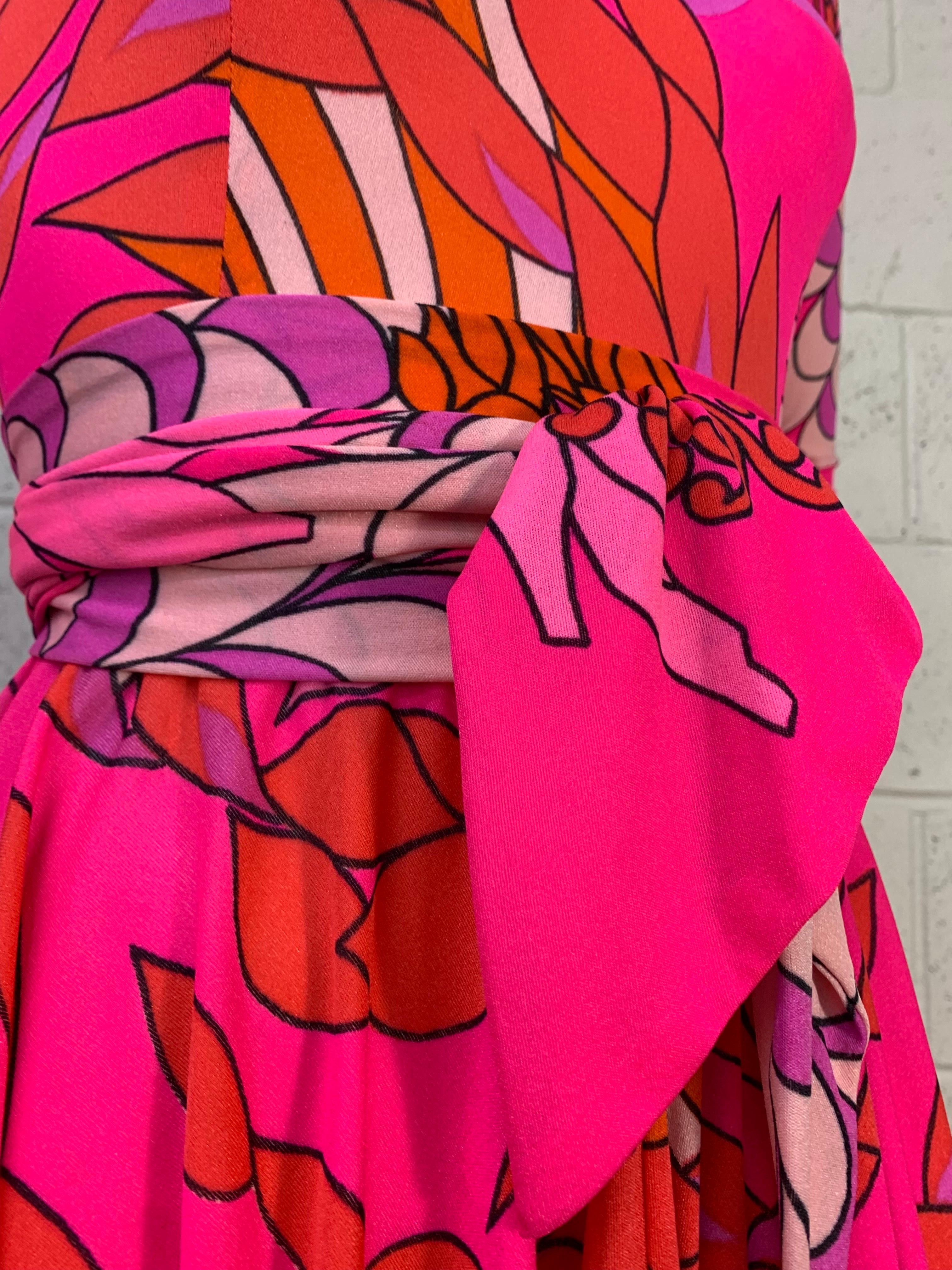 1970s La Mendola Fluorescent Pink Mod Floral Print Silk Jersey Day Dress w Flair 6