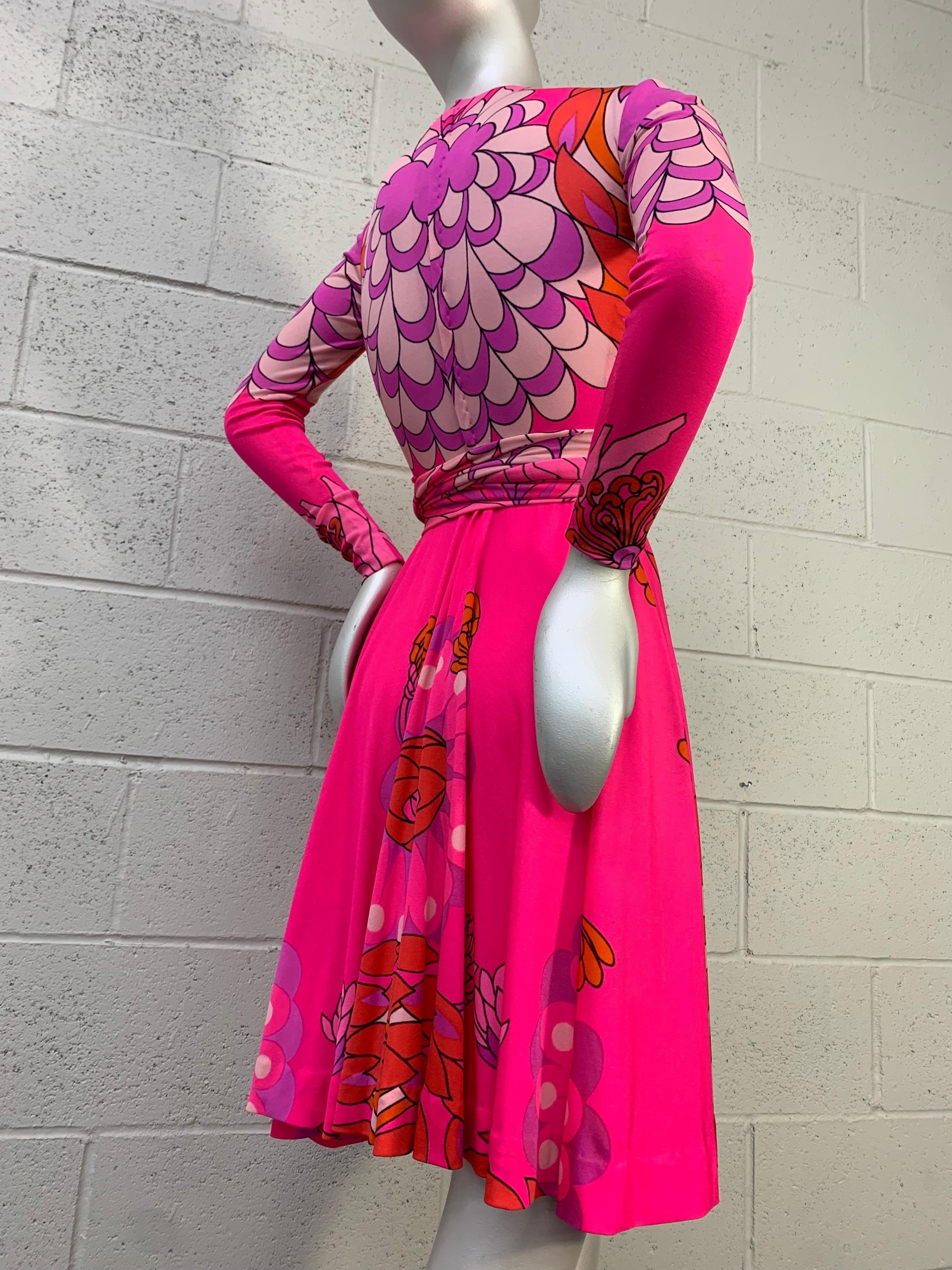 1970s La Mendola Fluorescent Pink Mod Floral Print Silk Jersey Day Dress w Flair 7