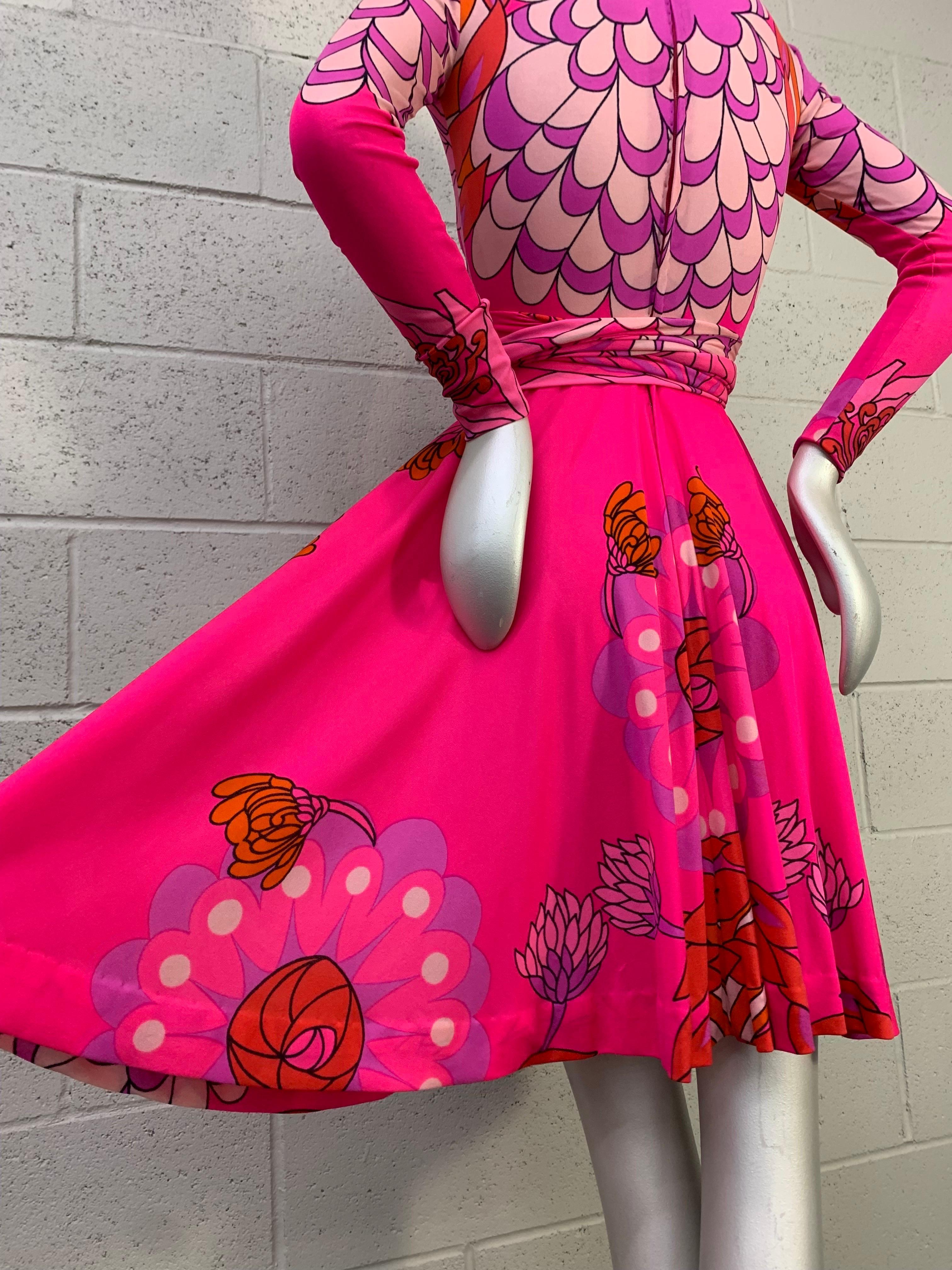 1970s La Mendola Fluorescent Pink Mod Floral Print Silk Jersey Day Dress w Flair 8