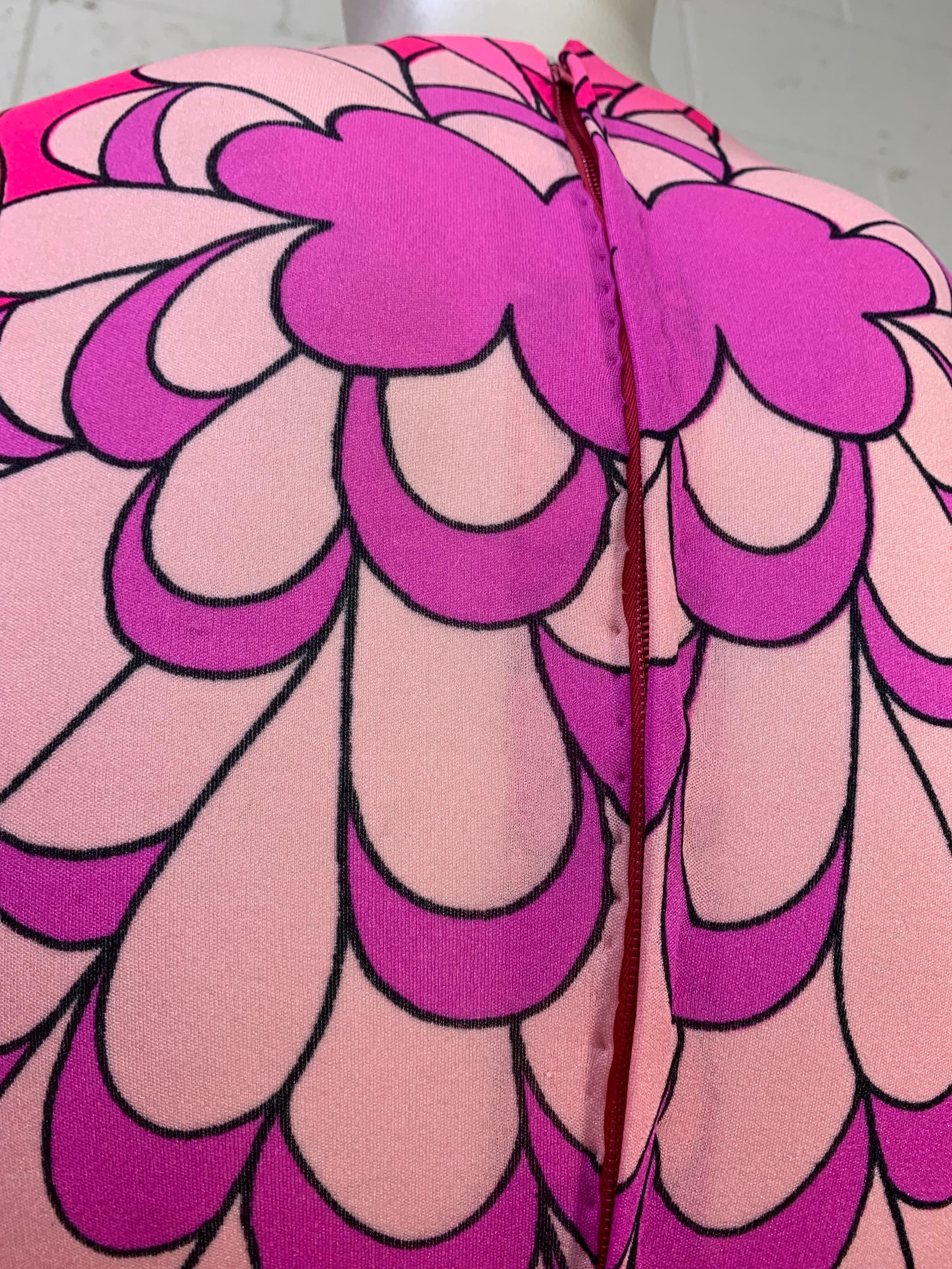 1970s La Mendola Fluorescent Pink Mod Floral Print Silk Jersey Day Dress w Flair 11