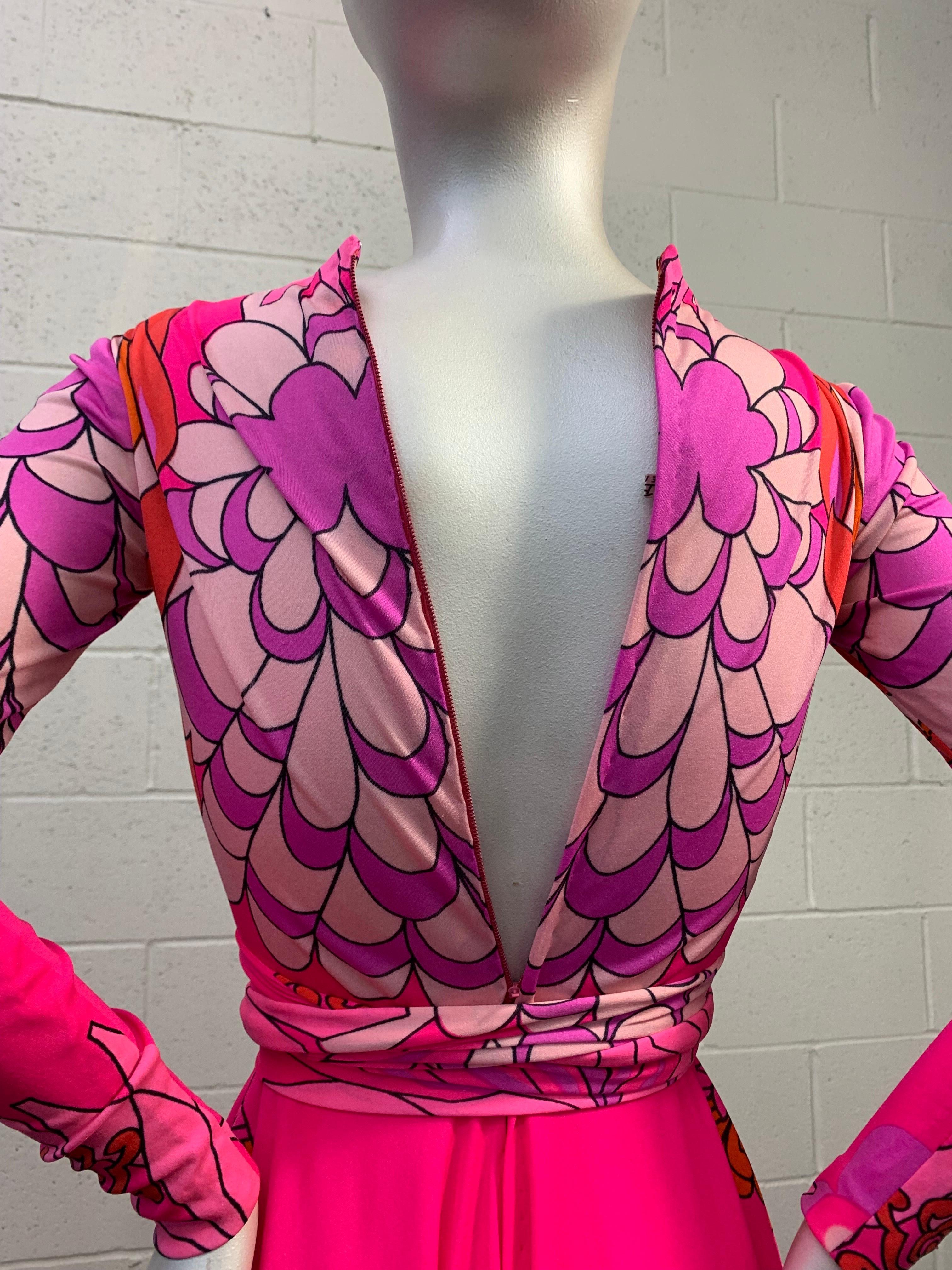 1970s La Mendola Fluorescent Pink Mod Floral Print Silk Jersey Day Dress w Flair 12