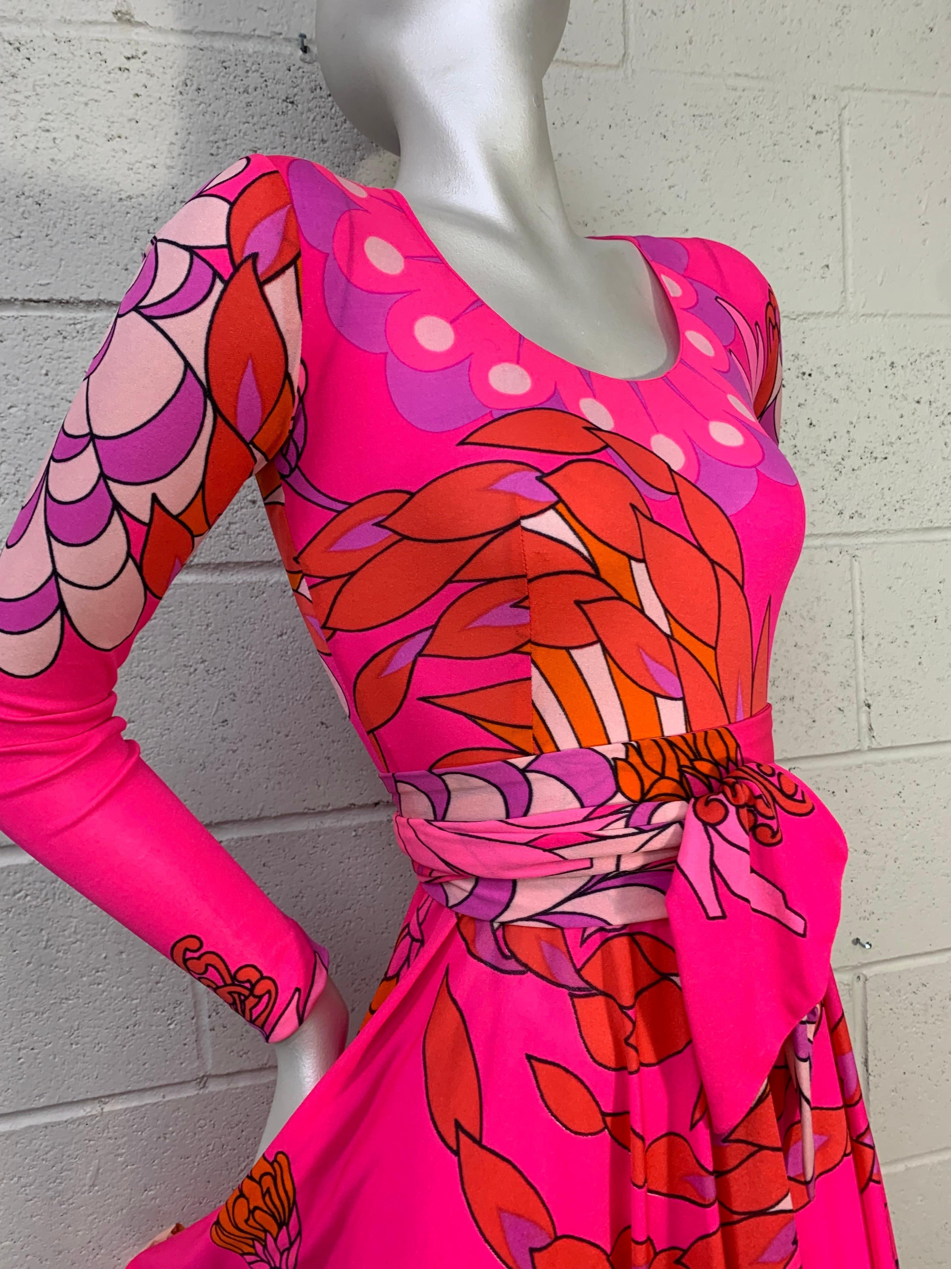 1970s La Mendola Fluorescent Pink Mod Floral Print Silk Jersey Day Dress w Flair:  A wild and vivacious classic La Mendola print in the brightest pink with red, orange and lavender compliments make this bold, tropical print perfect for a summer