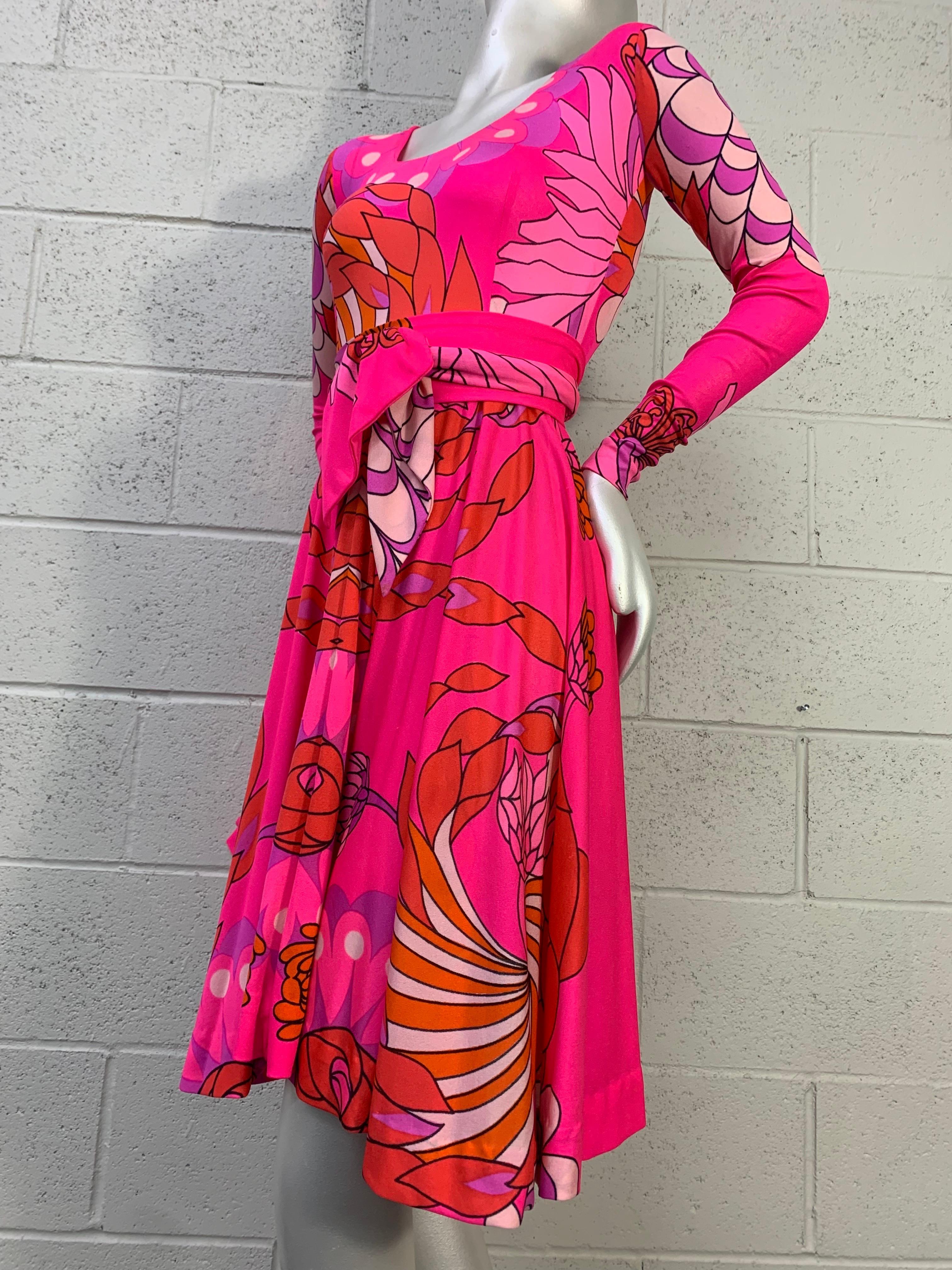 1970s La Mendola Fluorescent Pink Mod Floral Print Silk Jersey Day Dress w Flair 1