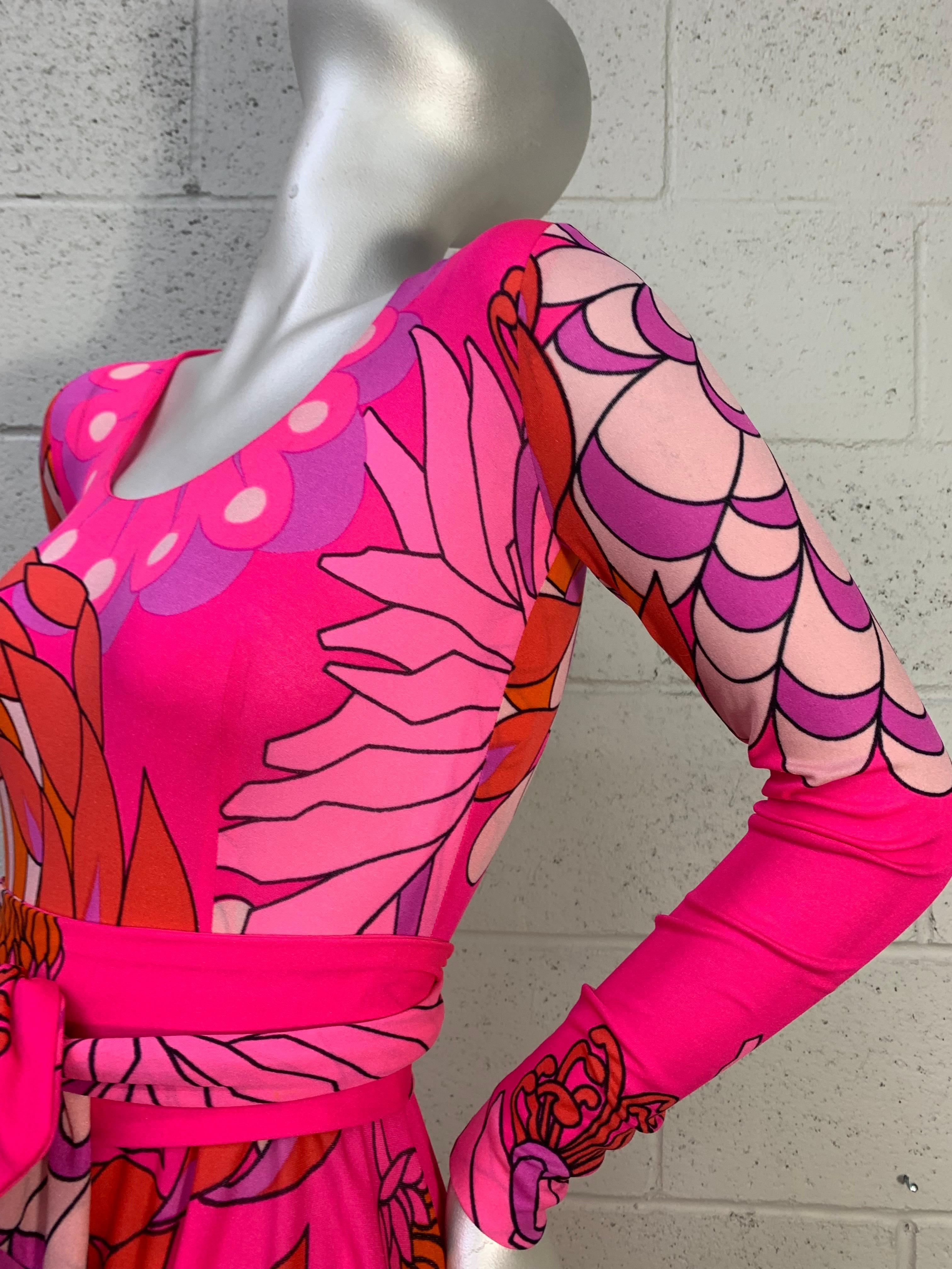 1970s La Mendola Fluorescent Pink Mod Floral Print Silk Jersey Day Dress w Flair 2