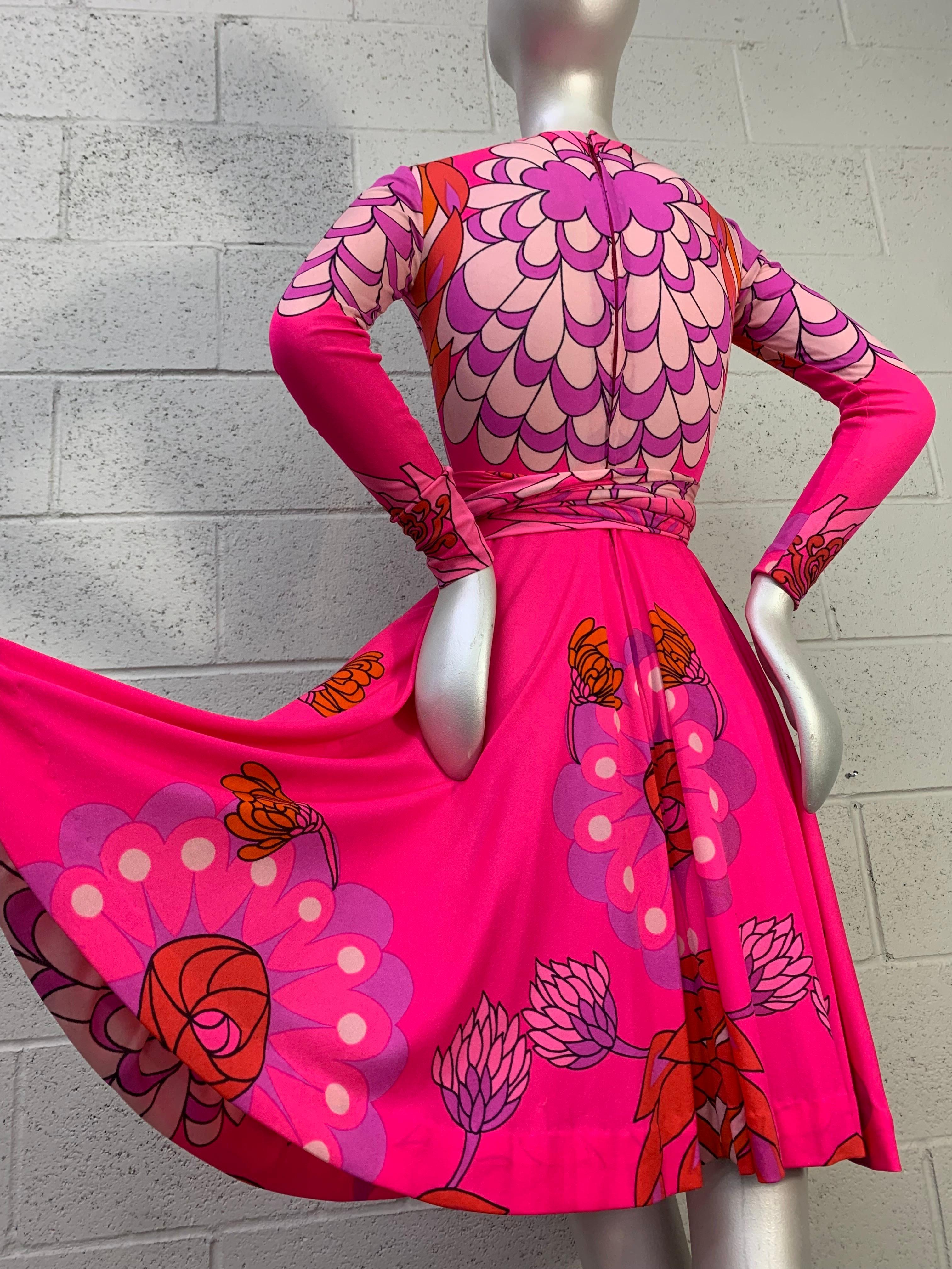 1970s La Mendola Fluorescent Pink Mod Floral Print Silk Jersey Day Dress w Flair 3