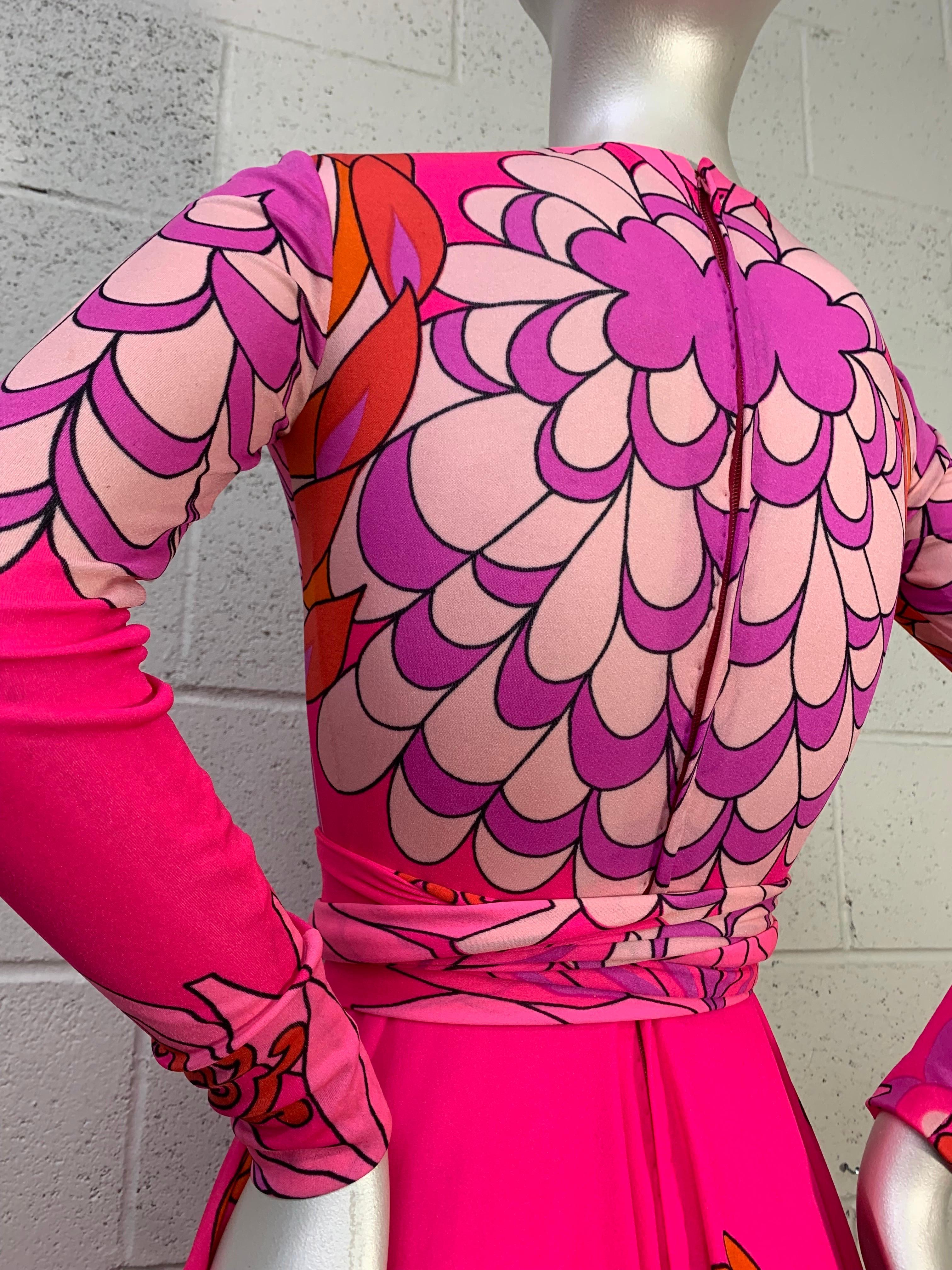 1970s La Mendola Fluorescent Pink Mod Floral Print Silk Jersey Day Dress w Flair 4