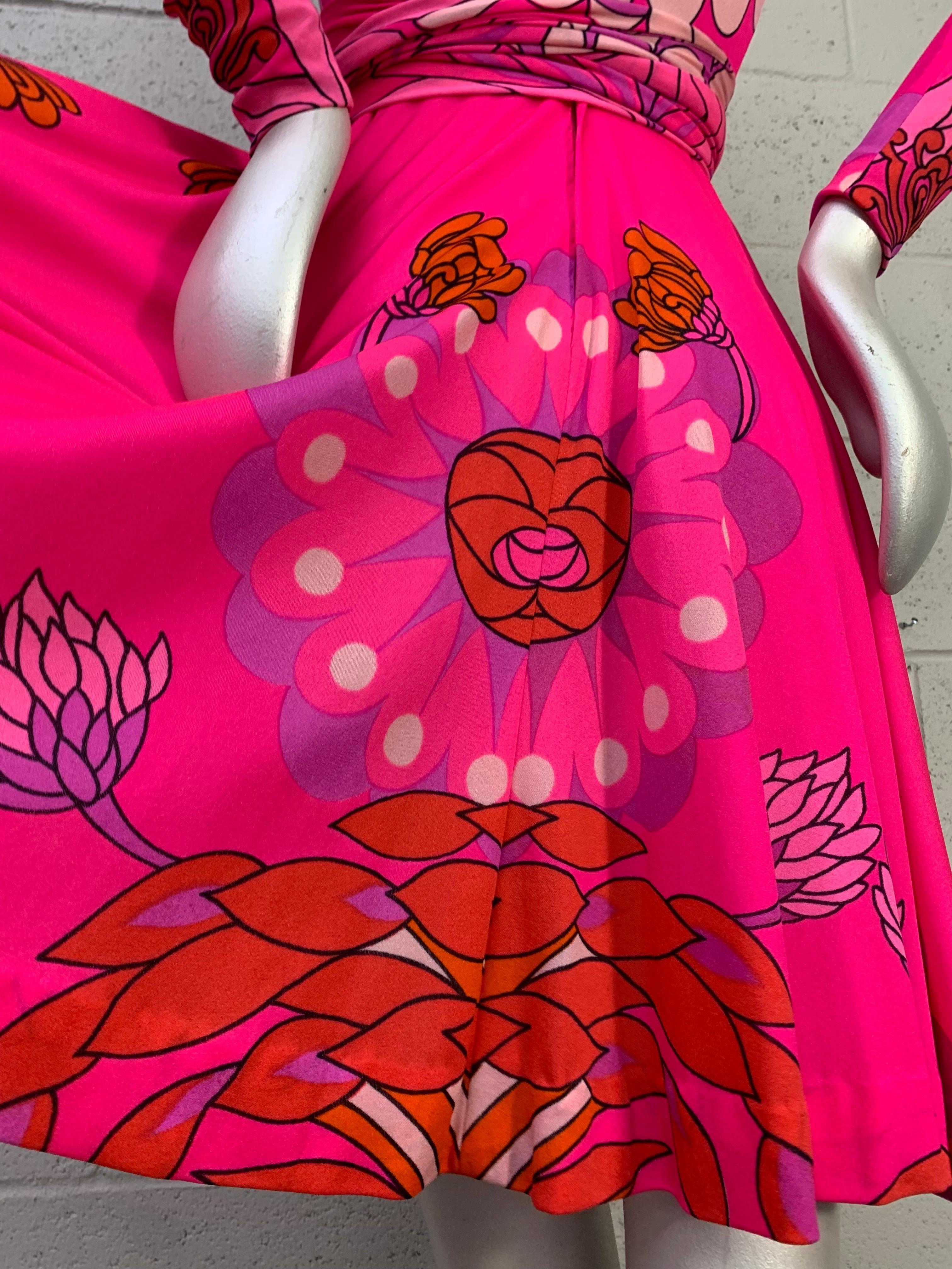 1970s La Mendola Fluorescent Pink Mod Floral Print Silk Jersey Day Dress w Flair 5