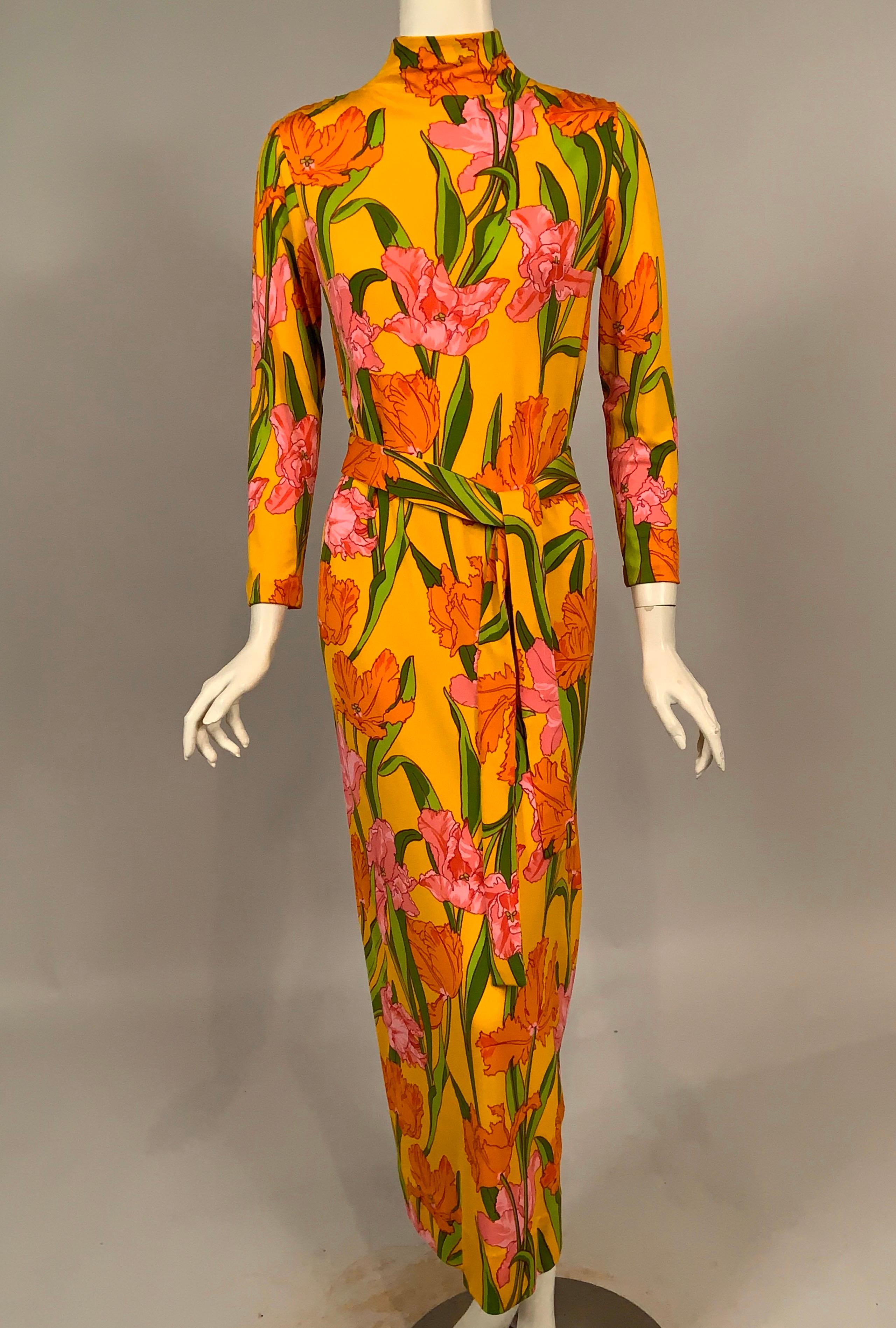 1970's La Mendola Parrot Tulip Patterned Four Piece Silk Dress and Overskirt 4