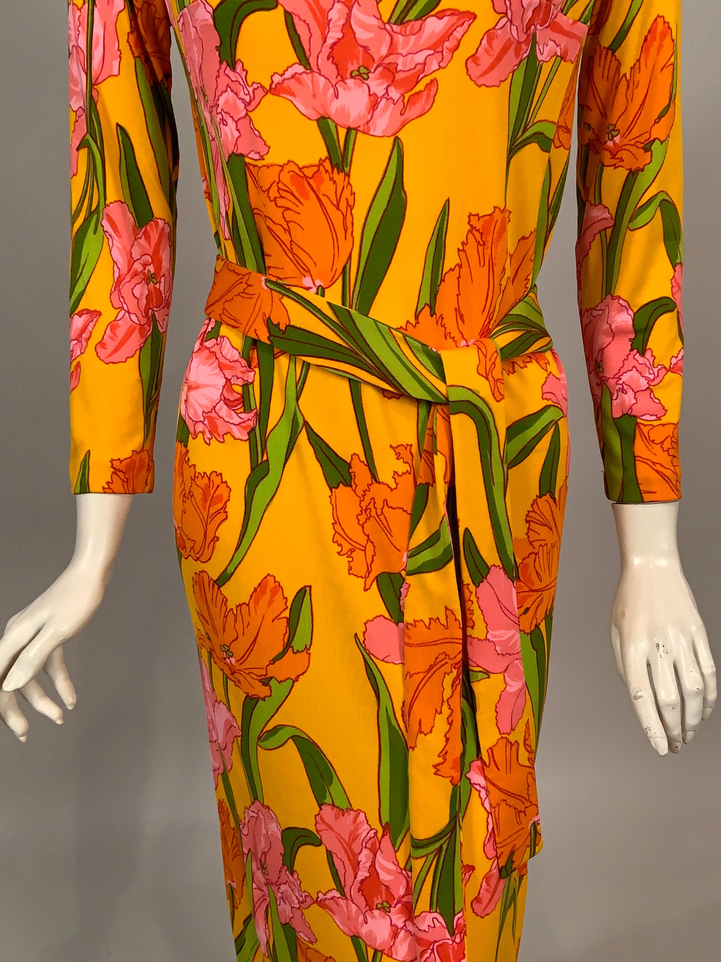 1970's La Mendola Parrot Tulip Patterned Four Piece Silk Dress and Overskirt 5