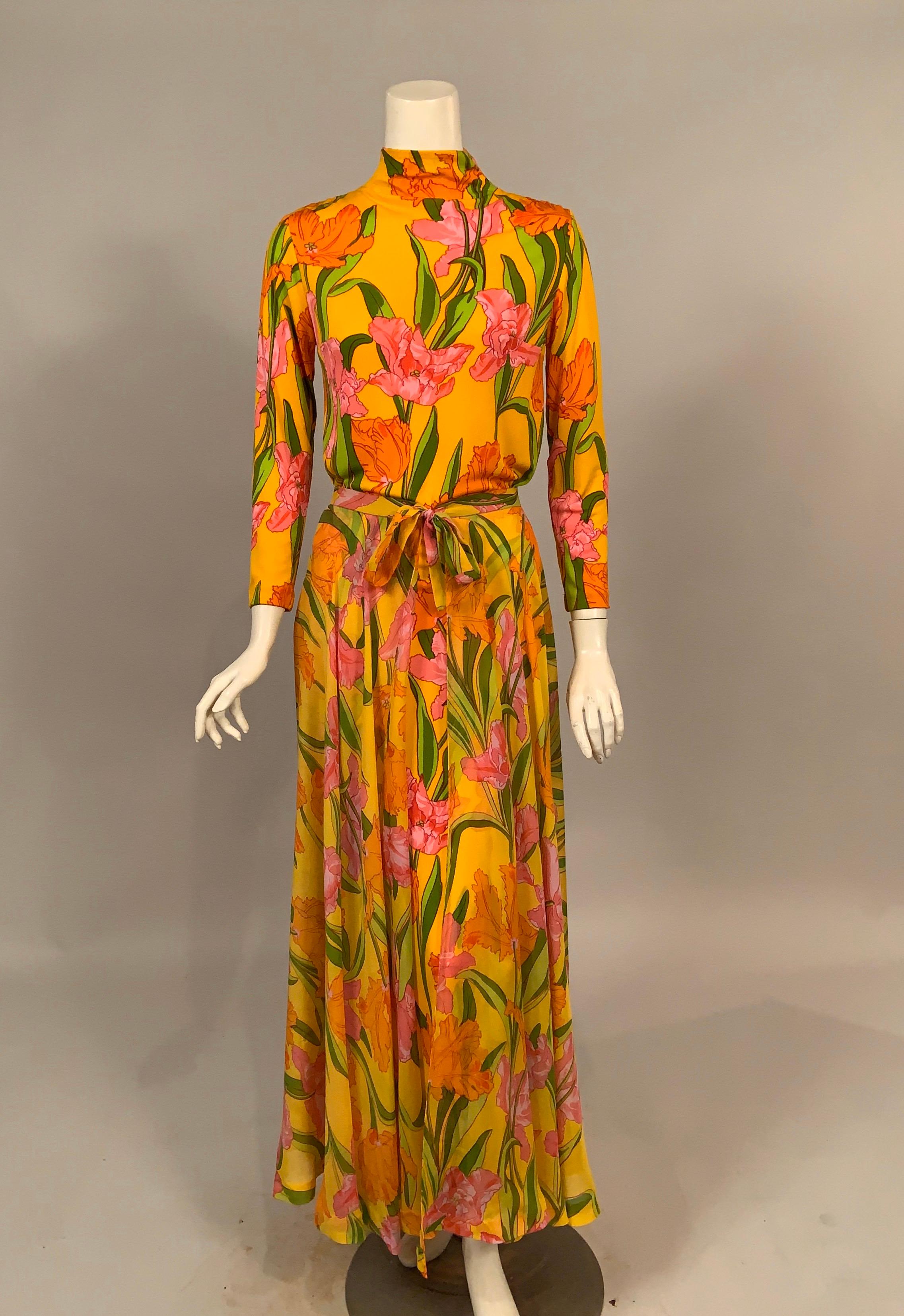 1970's La Mendola Parrot Tulip Patterned Four Piece Silk Dress and Overskirt 6