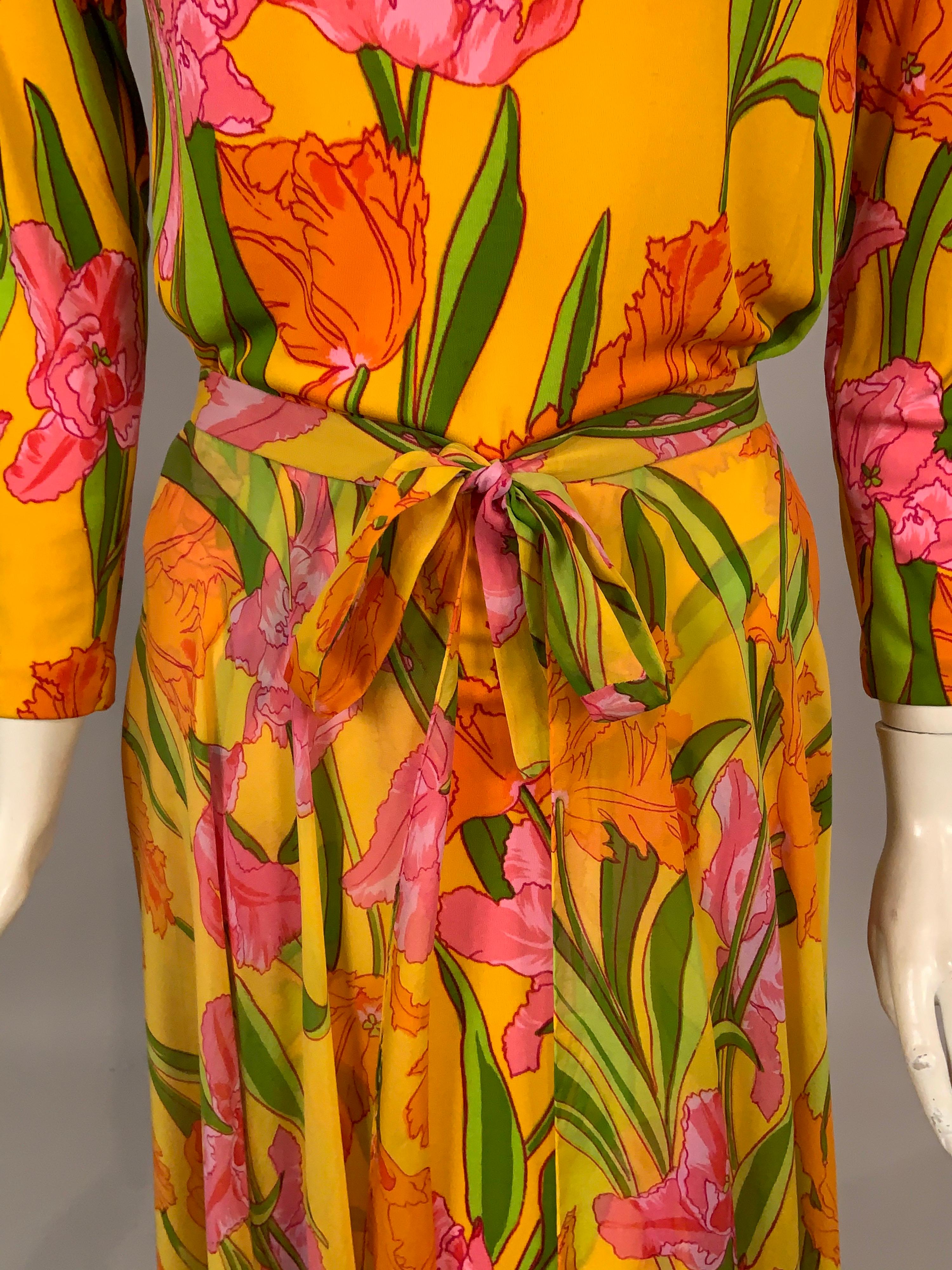 1970's La Mendola Parrot Tulip Patterned Four Piece Silk Dress and Overskirt 7
