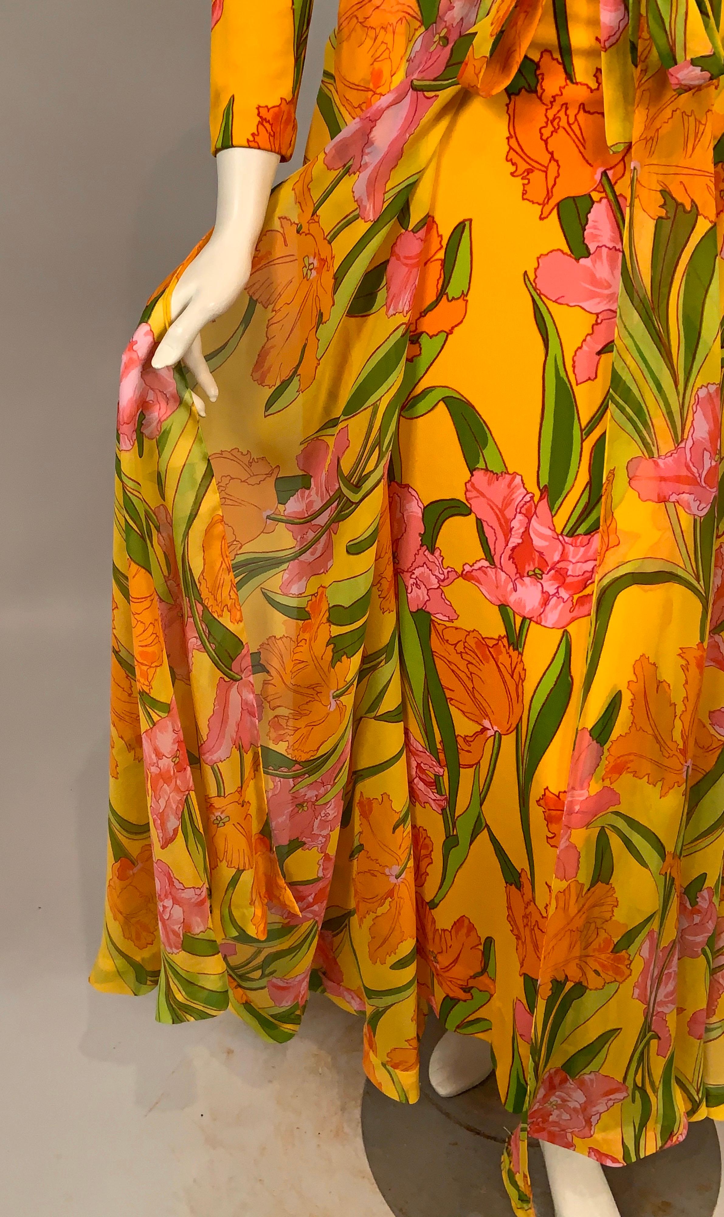 1970's La Mendola Parrot Tulip Patterned Four Piece Silk Dress and Overskirt 8
