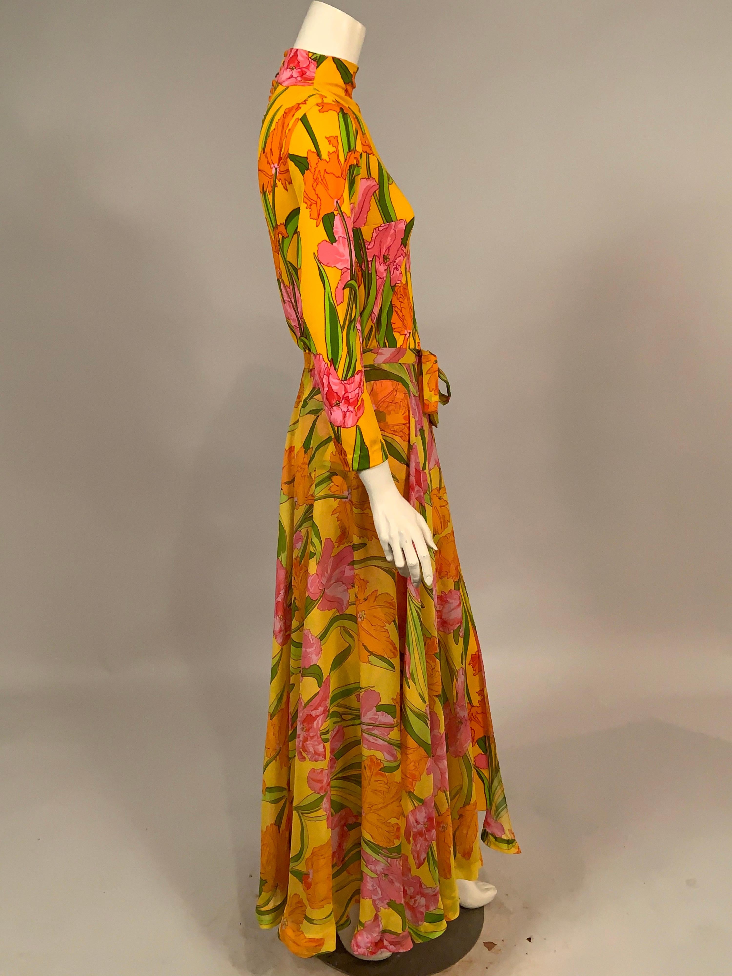 1970's La Mendola Parrot Tulip Patterned Four Piece Silk Dress and Overskirt 9