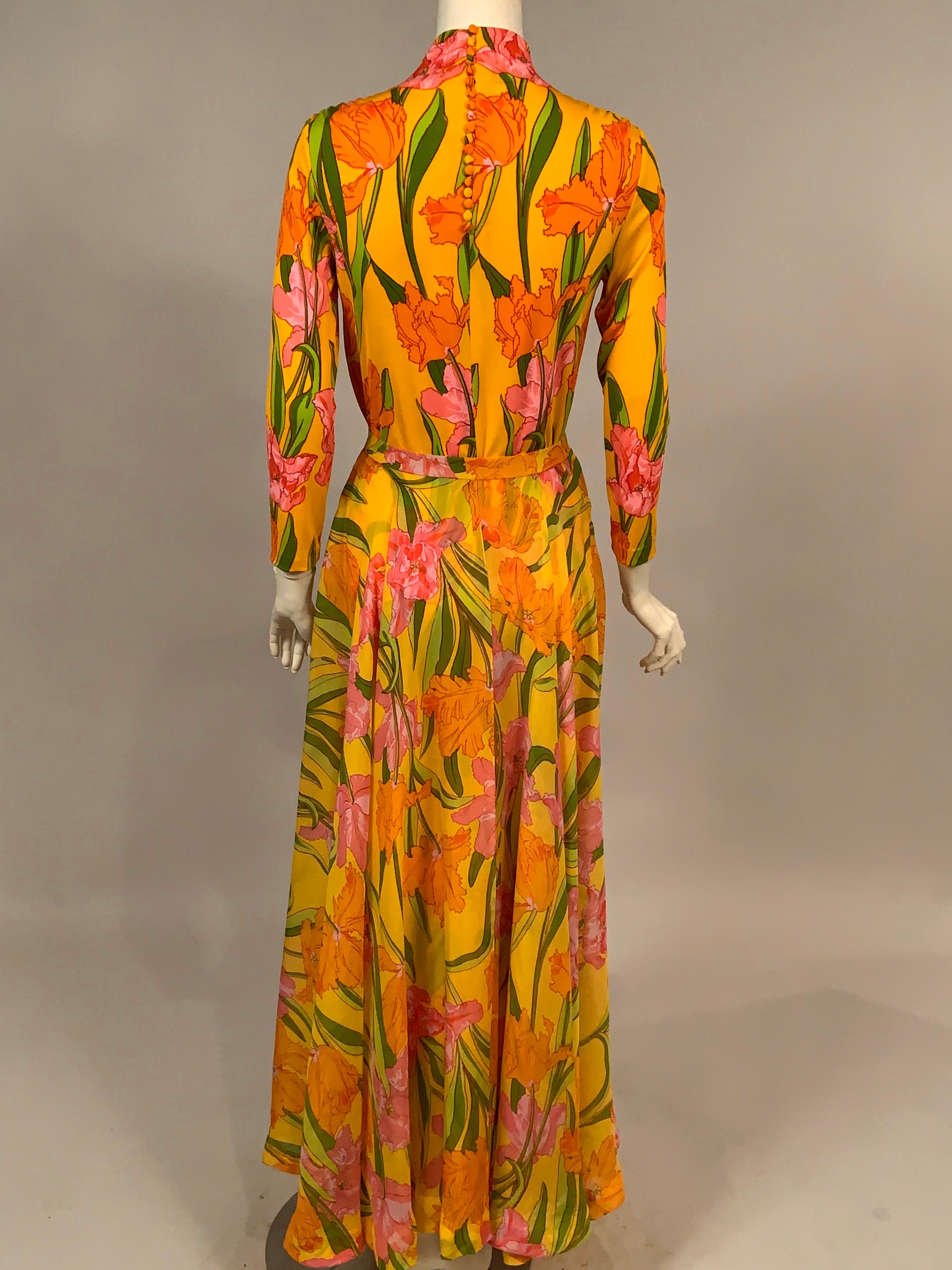 1970's La Mendola Parrot Tulip Patterned Four Piece Silk Dress and Overskirt 10