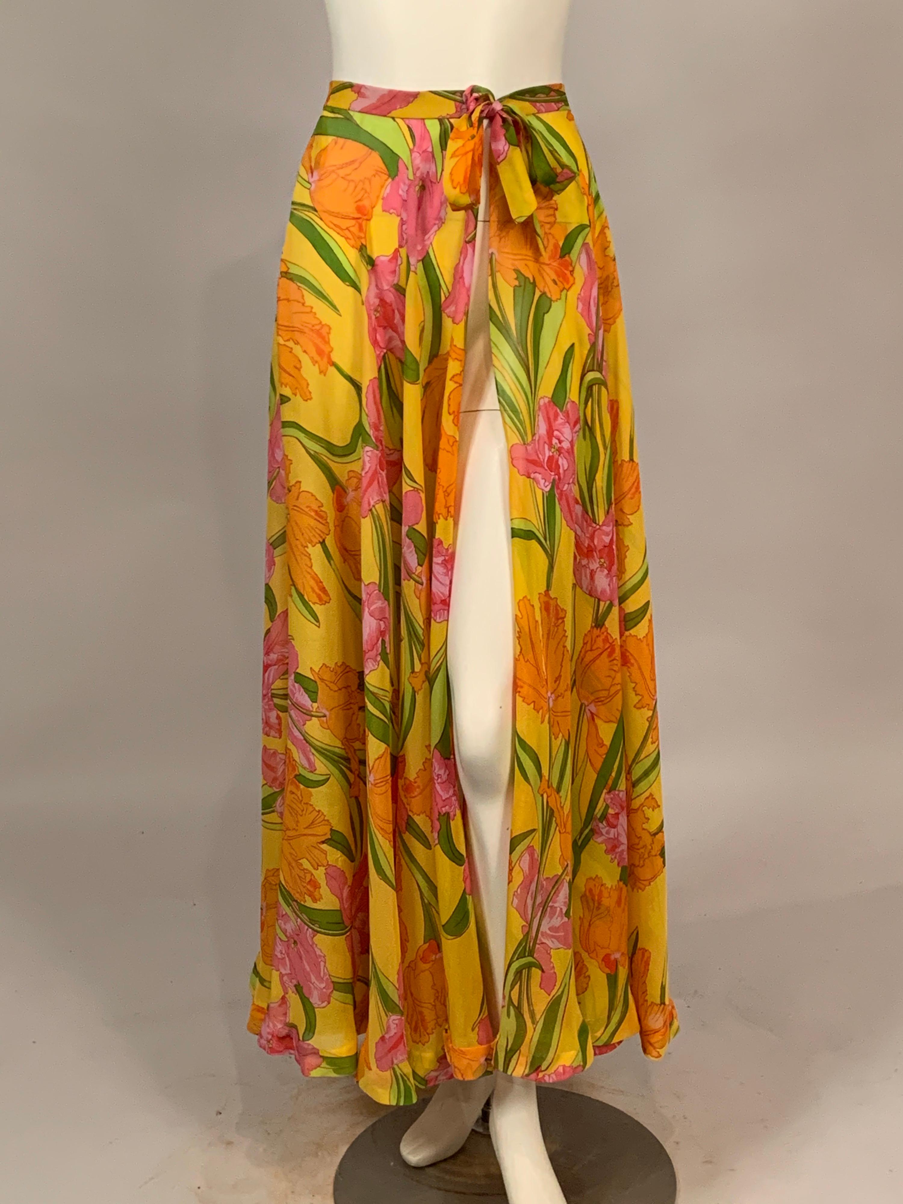 1970's La Mendola Parrot Tulip Patterned Four Piece Silk Dress and Overskirt 11