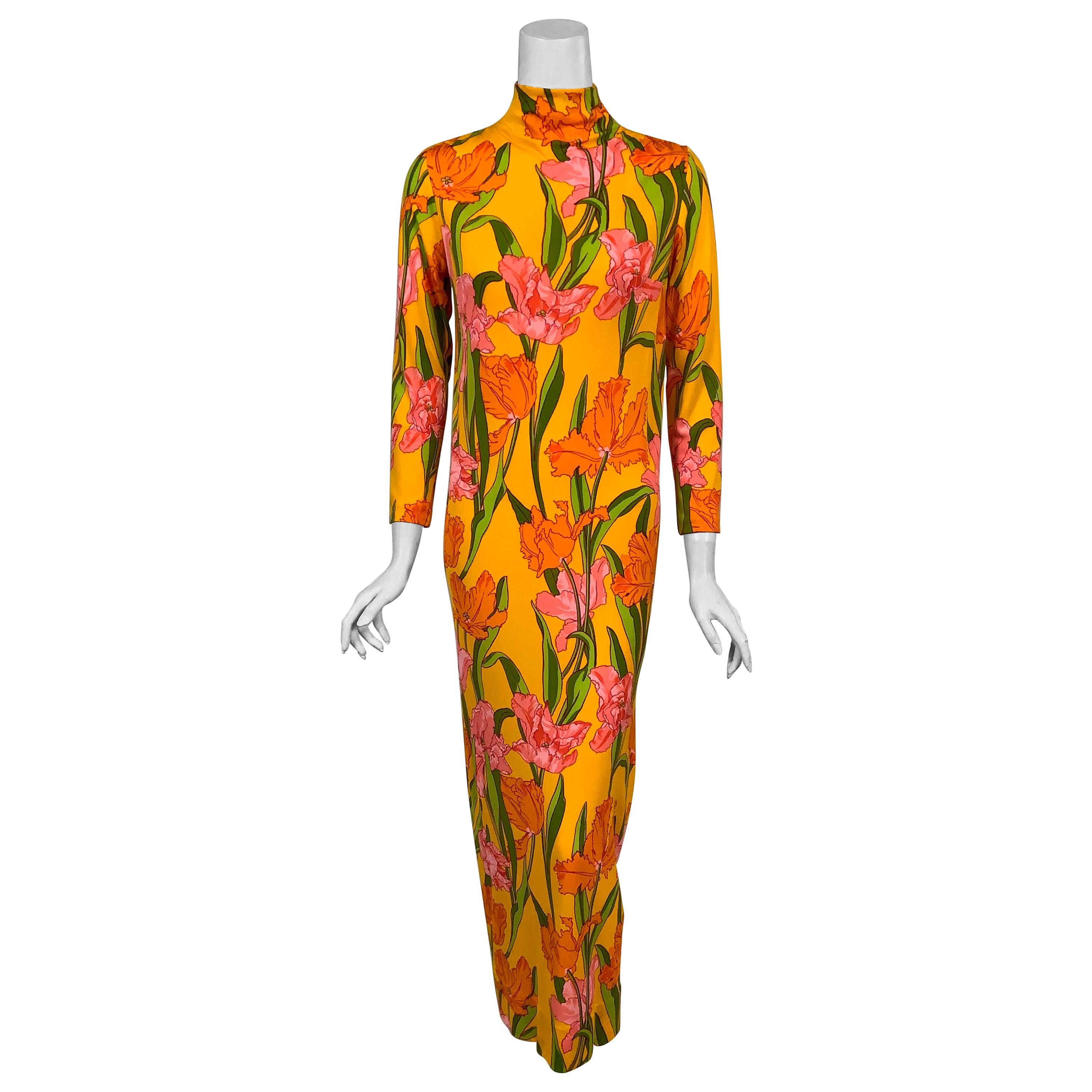 1970's La Mendola Parrot Tulip Patterned Four Piece Silk Dress and Overskirt 14