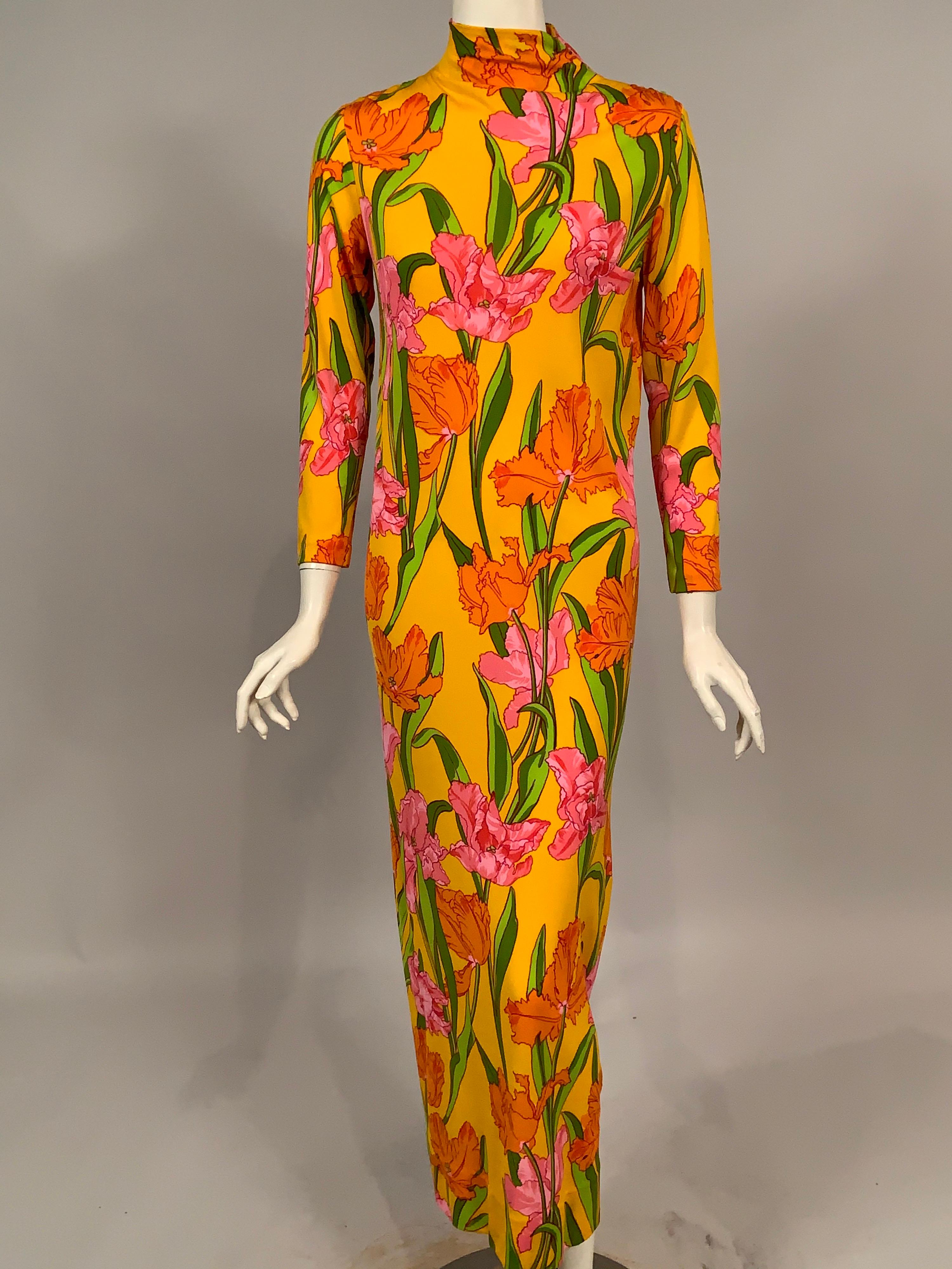 1970's La Mendola Parrot Tulip Patterned Four Piece Silk Dress and Overskirt In Excellent Condition In New Hope, PA