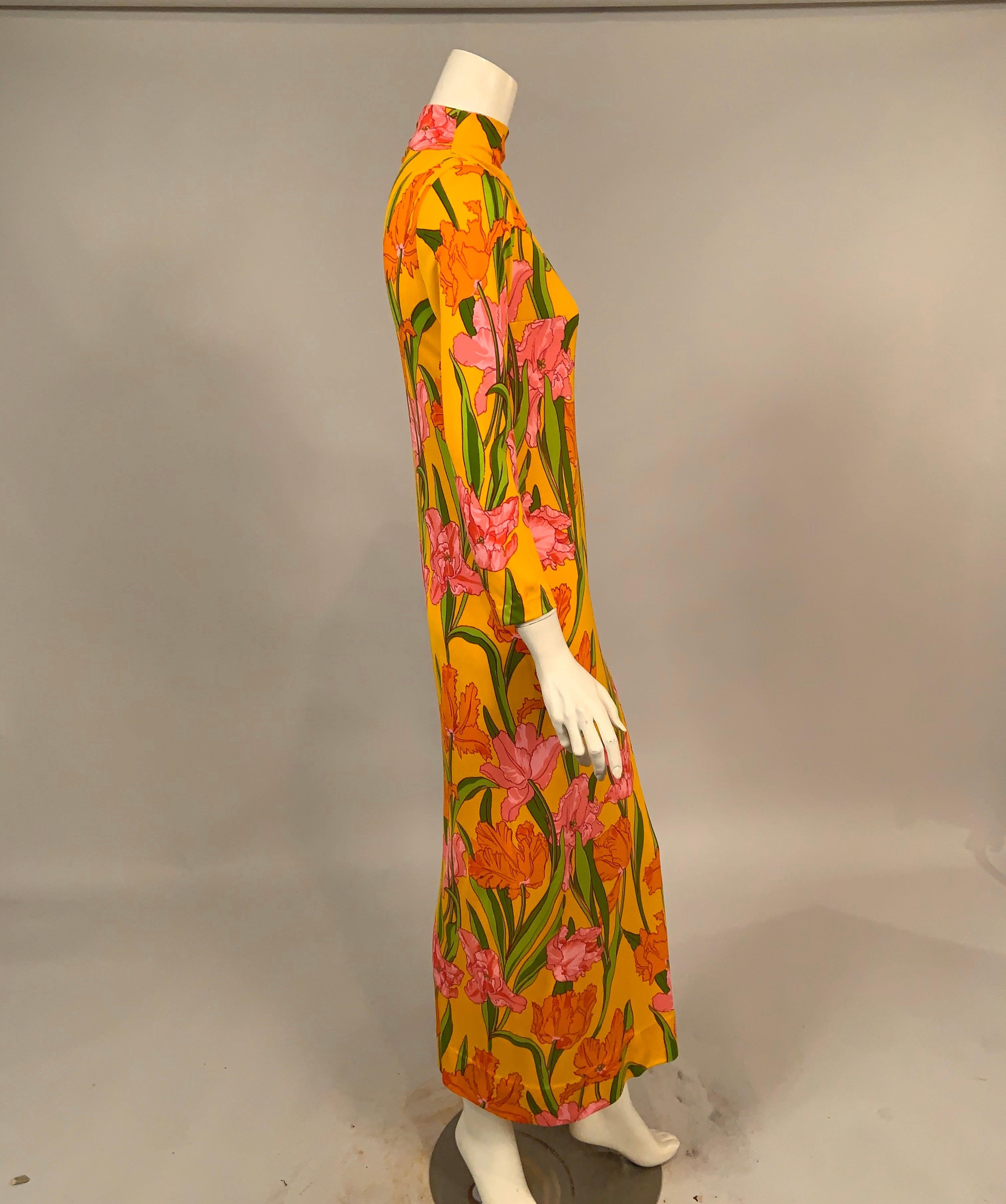 Women's 1970's La Mendola Parrot Tulip Patterned Four Piece Silk Dress and Overskirt