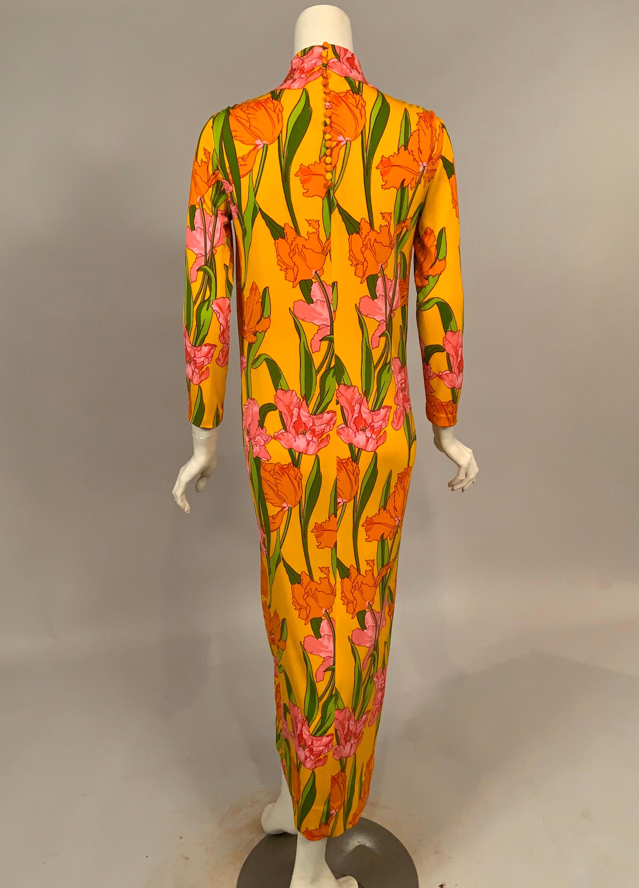 1970's La Mendola Parrot Tulip Patterned Four Piece Silk Dress and Overskirt 1