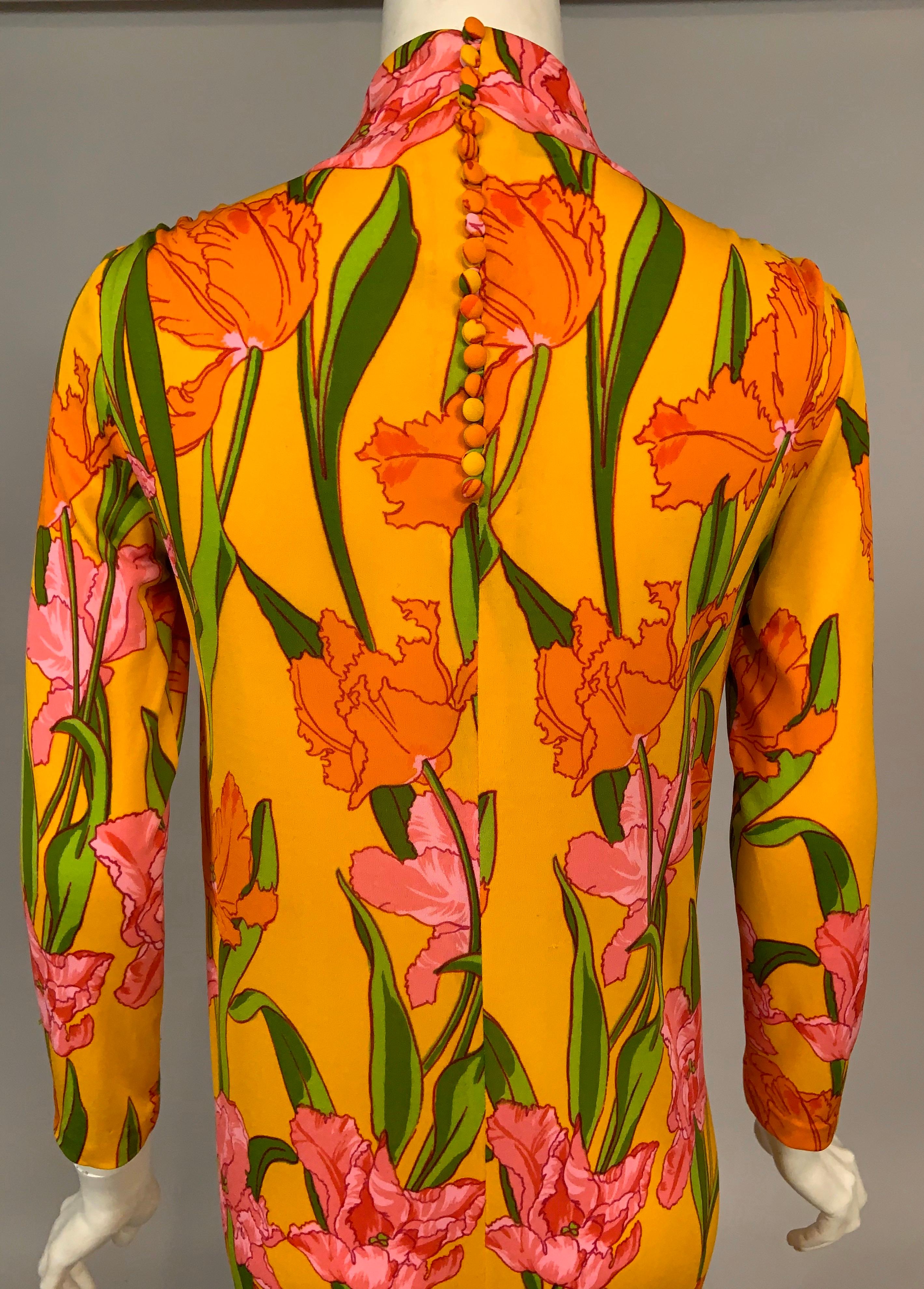 1970's La Mendola Parrot Tulip Patterned Four Piece Silk Dress and Overskirt 2