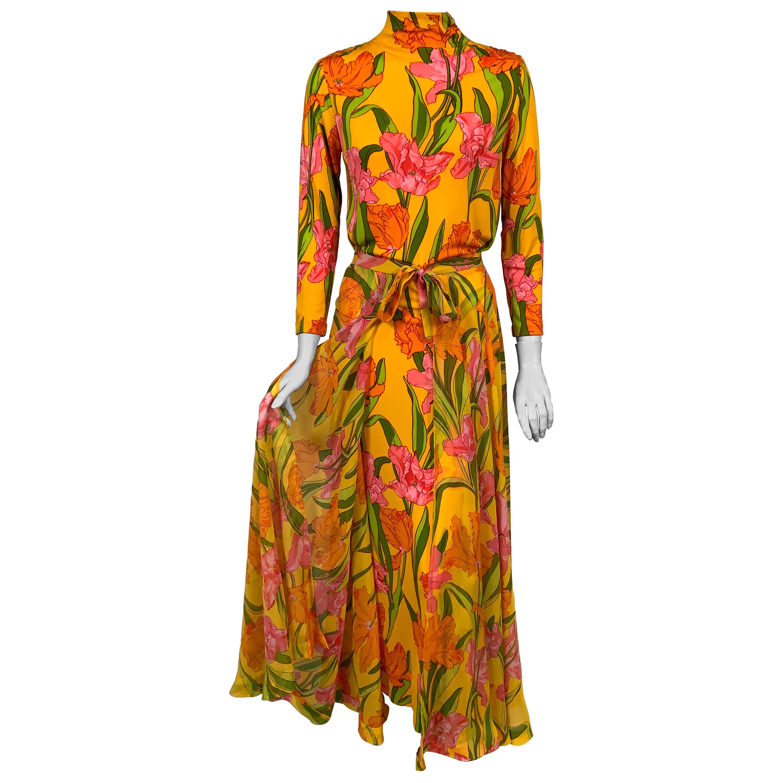1970's La Mendola Parrot Tulip Patterned Four Piece Silk Dress and Overskirt