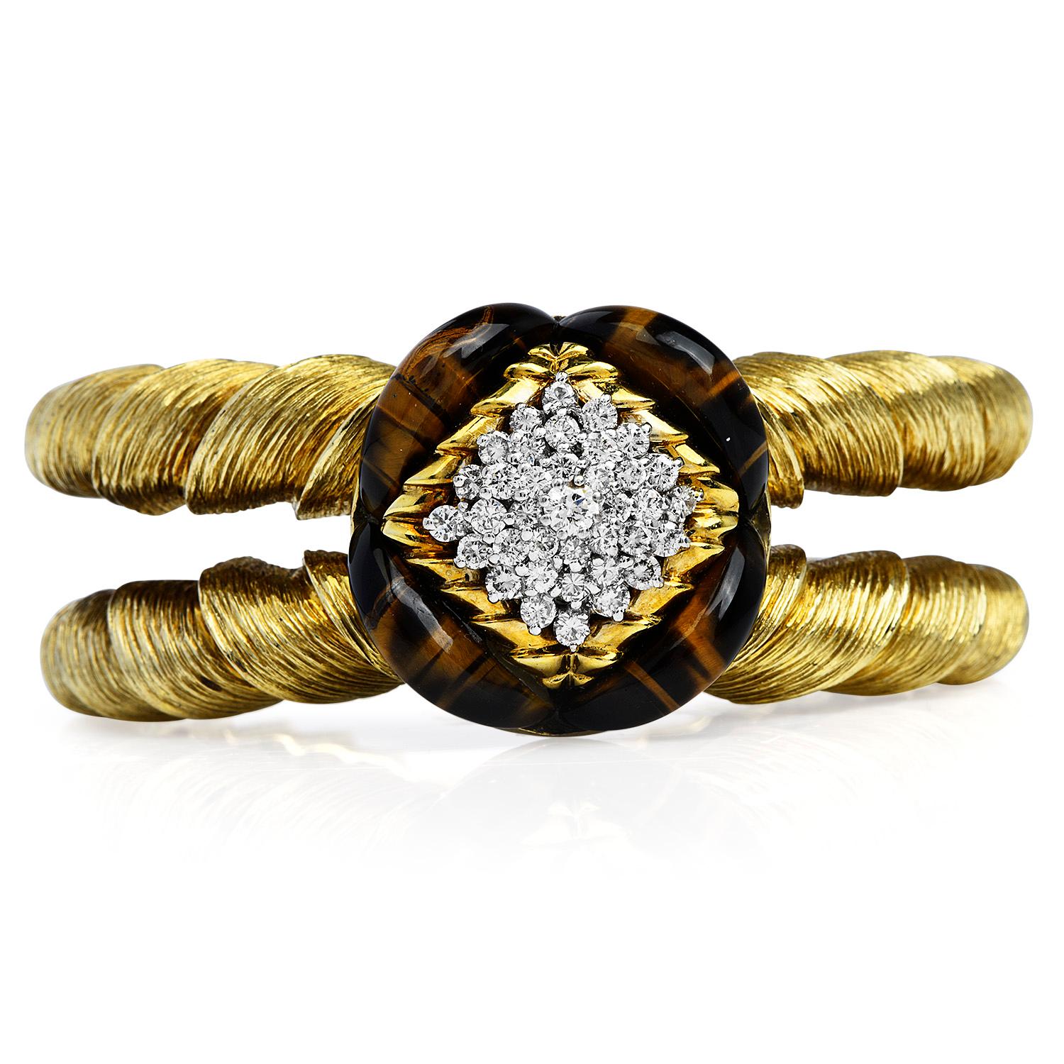 Modern 1970's La Triomphe Diamond Fine Tiger Eye Gold Cuff Bracelet