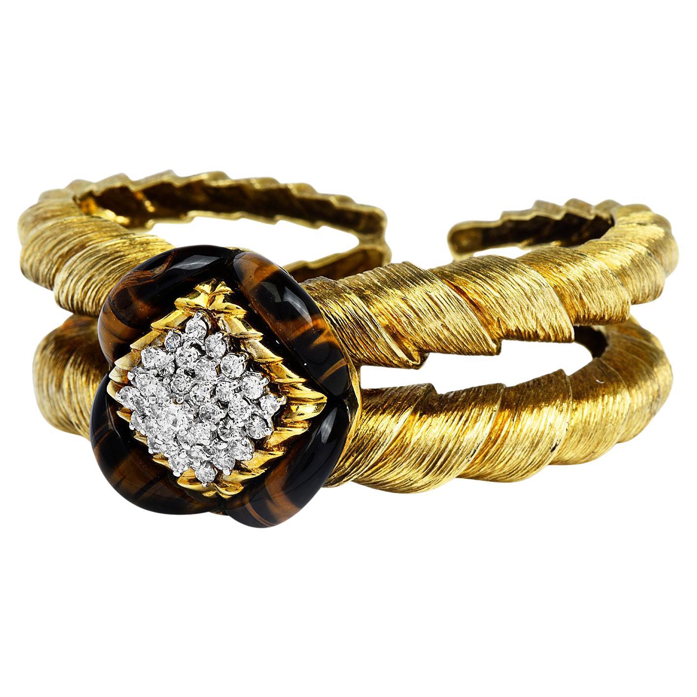 1970's La Triomphe Diamond Fine Tiger Eye Gold Cuff Bracelet
