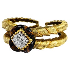 1970's La Triomphe Diamond Fine Tiger Eye Gold Cuff Bracelet