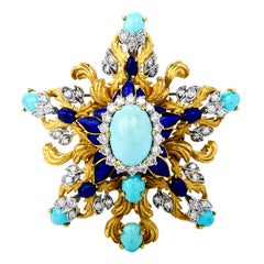 1970's La Triomphe GIA Türkis Diamant Emaille 18k Gold Pin