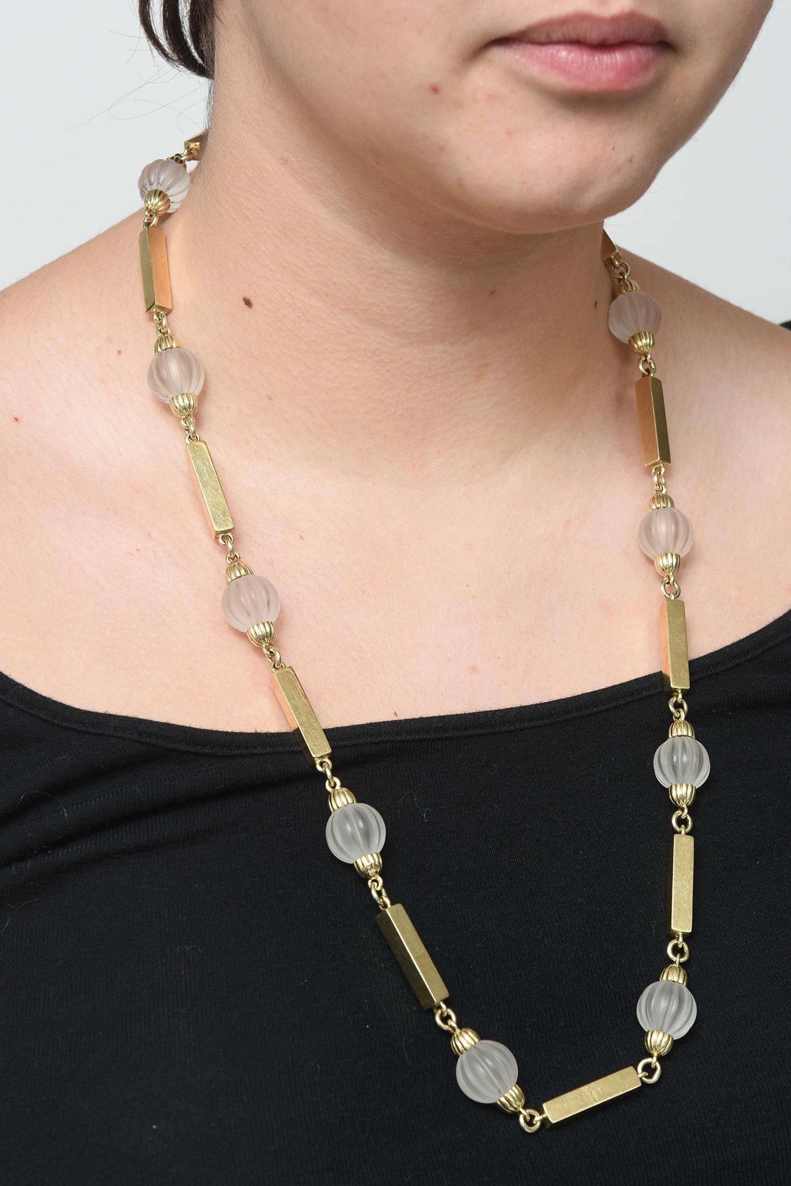 1970s La Triomphe Rock Crystal Fluted Beads and Gold Bar Necklace 2