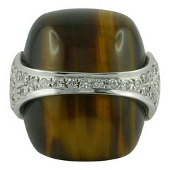 1970s La Triomphe Tiger Eye Diamond Gold Ring