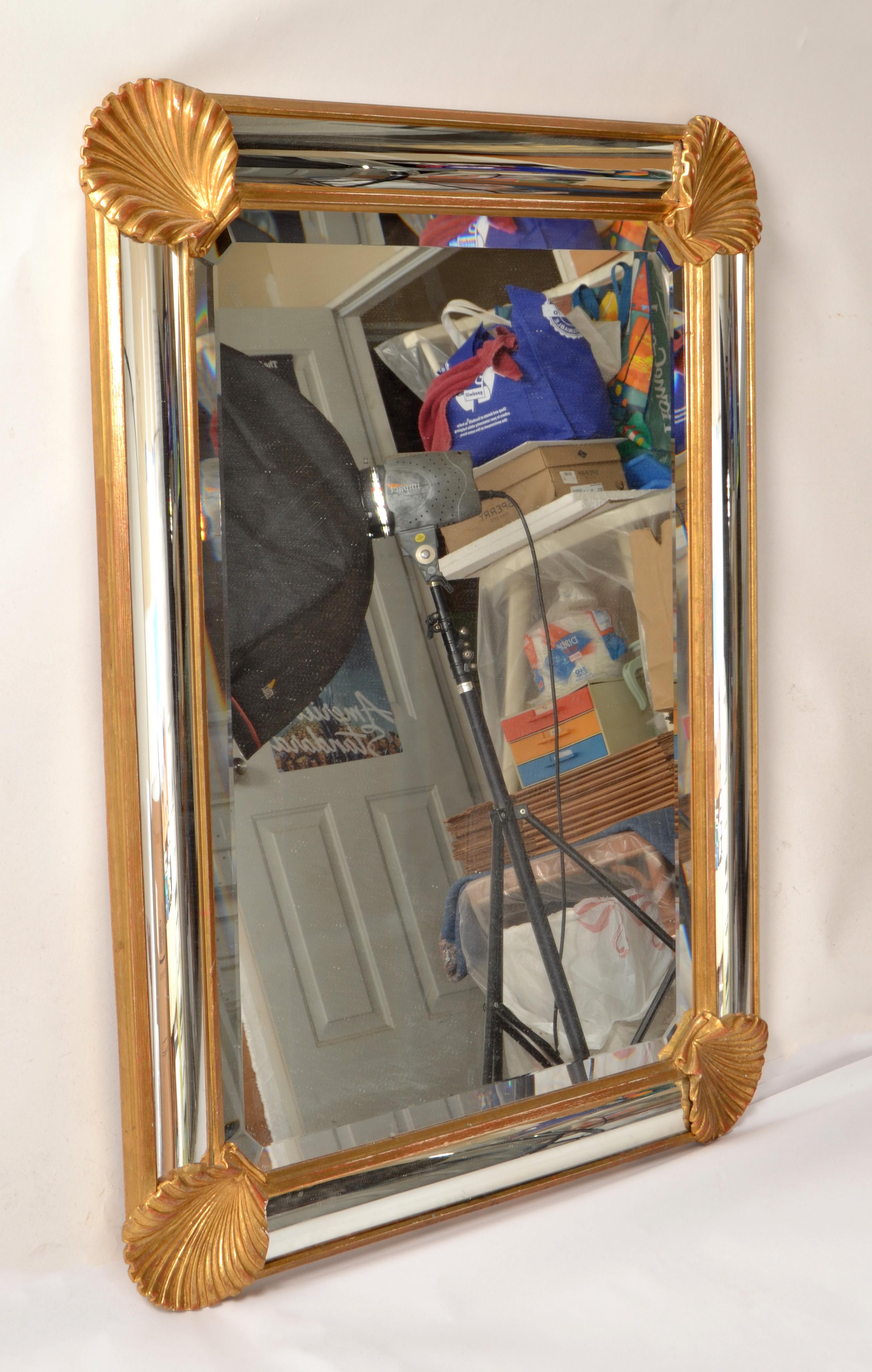1970s LaBarge Rectangle Nautical Carved Gilt Wood Seashell Beveled Wall Mirror For Sale 4