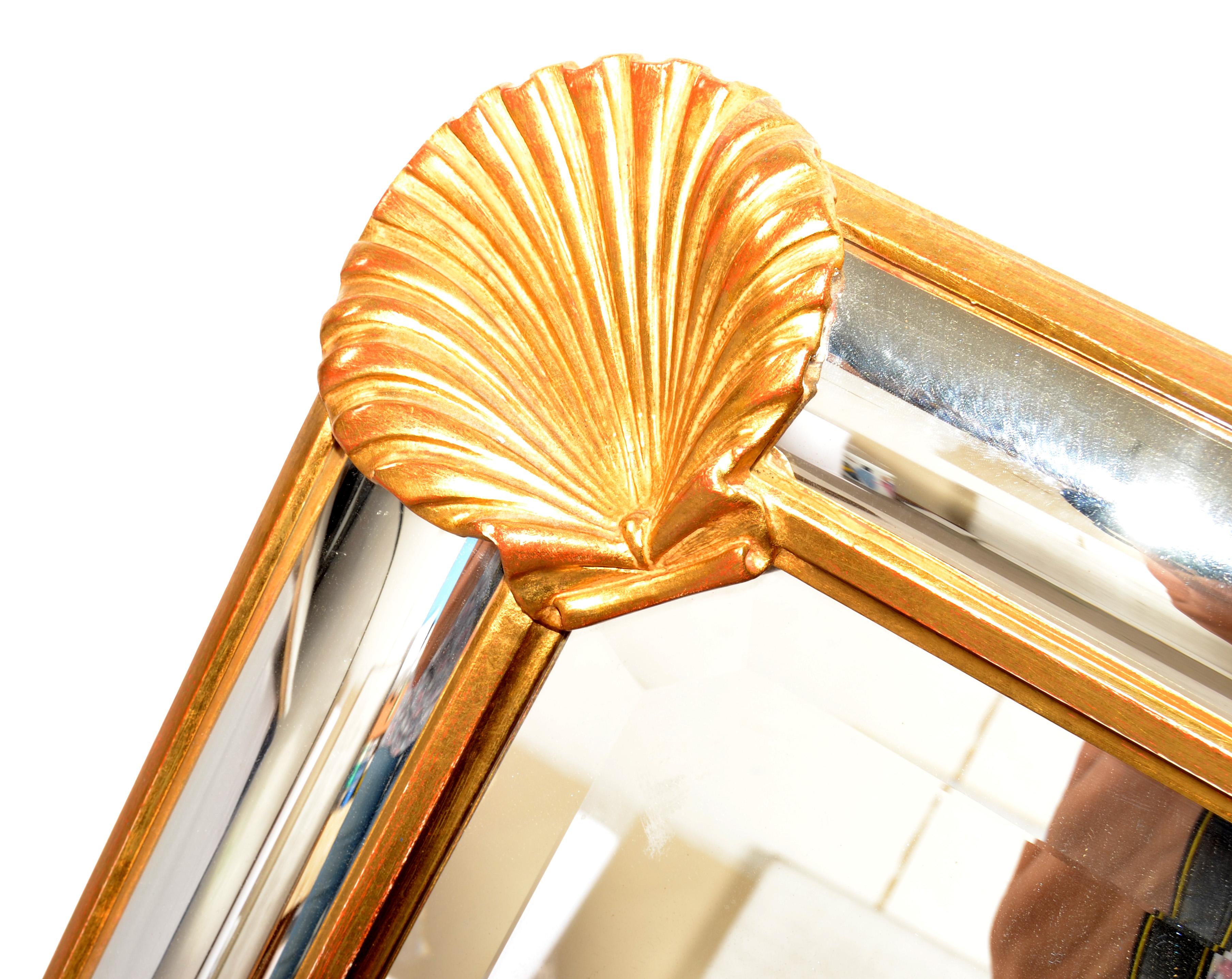 1970s LaBarge Rectangle Nautical Carved Gilt Wood Seashell Beveled Wall Mirror For Sale 5