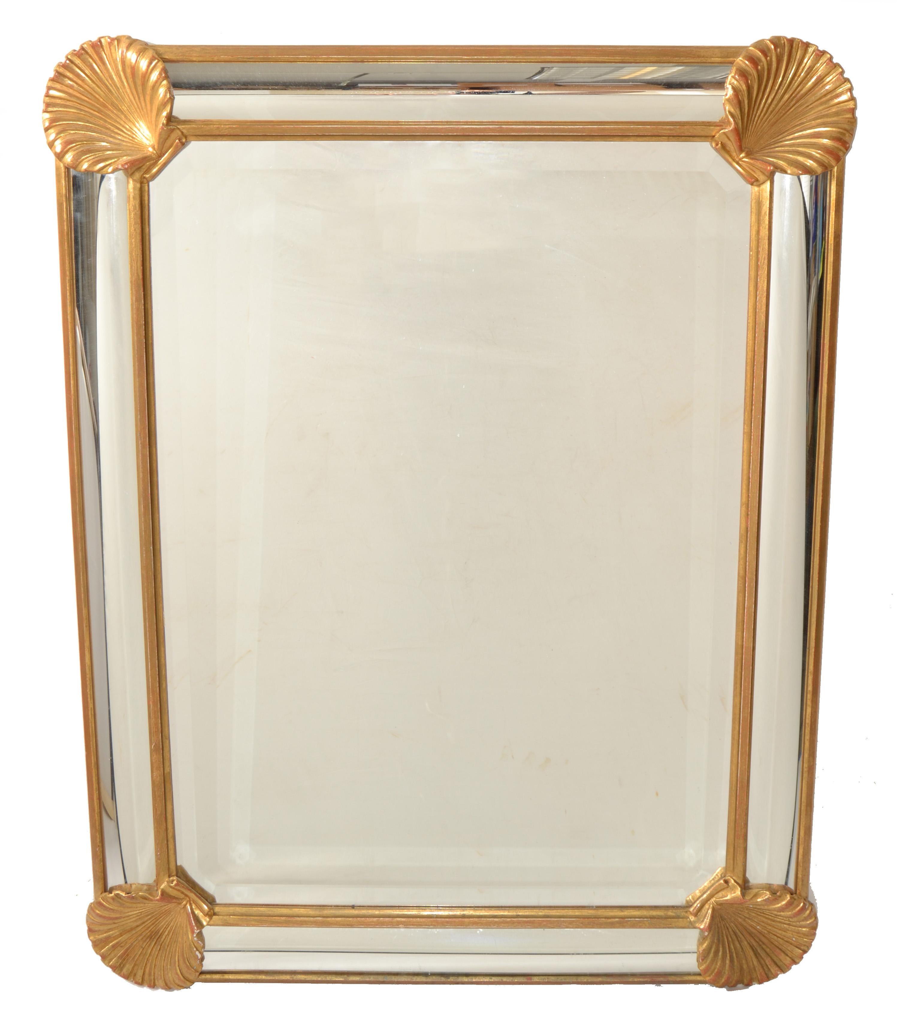 1970s LaBarge Rectangle Nautical Carved Gilt Wood Seashell Beveled Wall Mirror For Sale 8