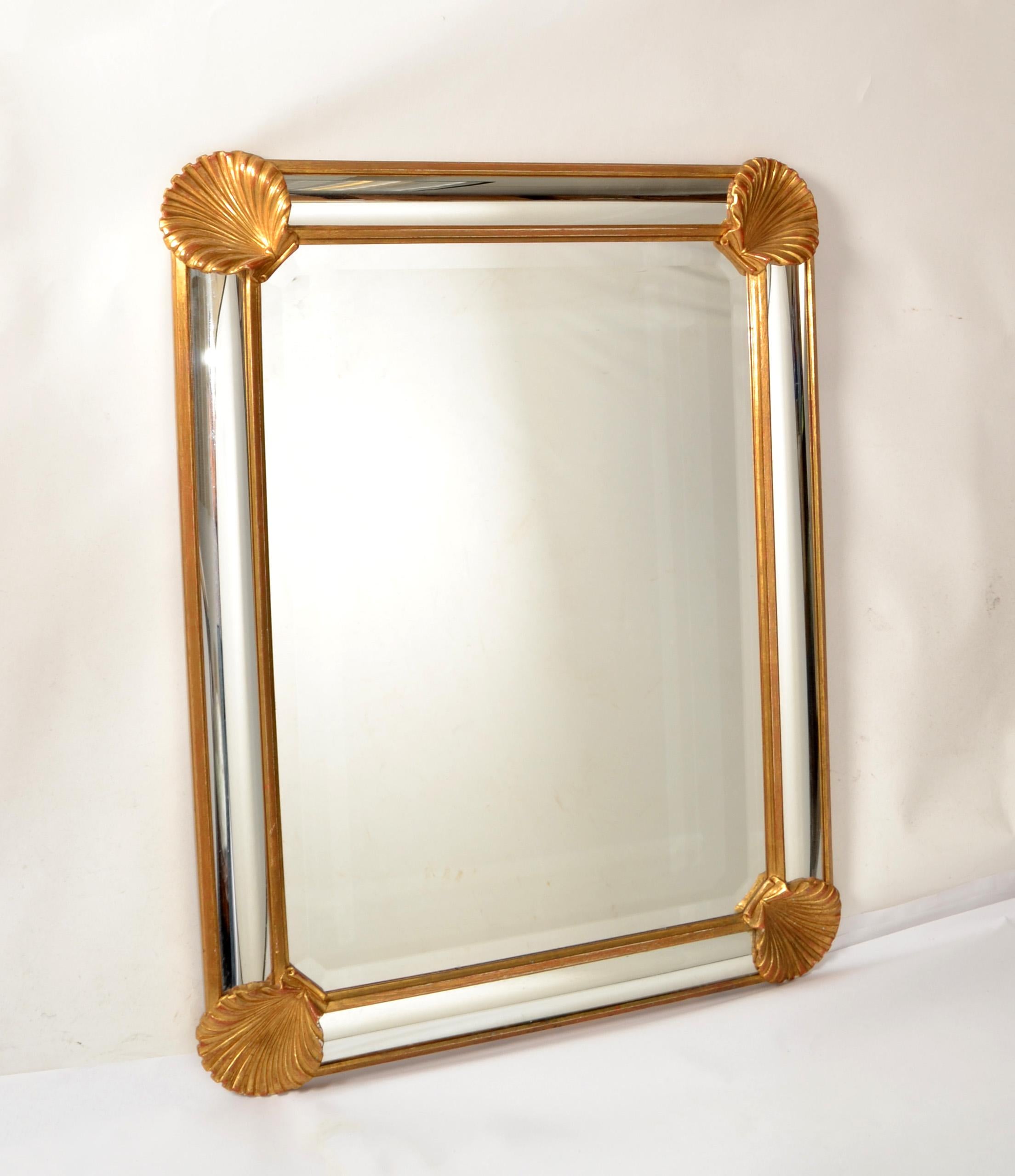 Mid-Century Modern Italian LaBarge rectangle Wall Mirror with Giltwood Seashell Decor and beveled Mirror Glass.
Makers Mark on the Reverse.
Secure mounting Construction for Horizontal and Vertical Hanging.
In good vintage condition with minor